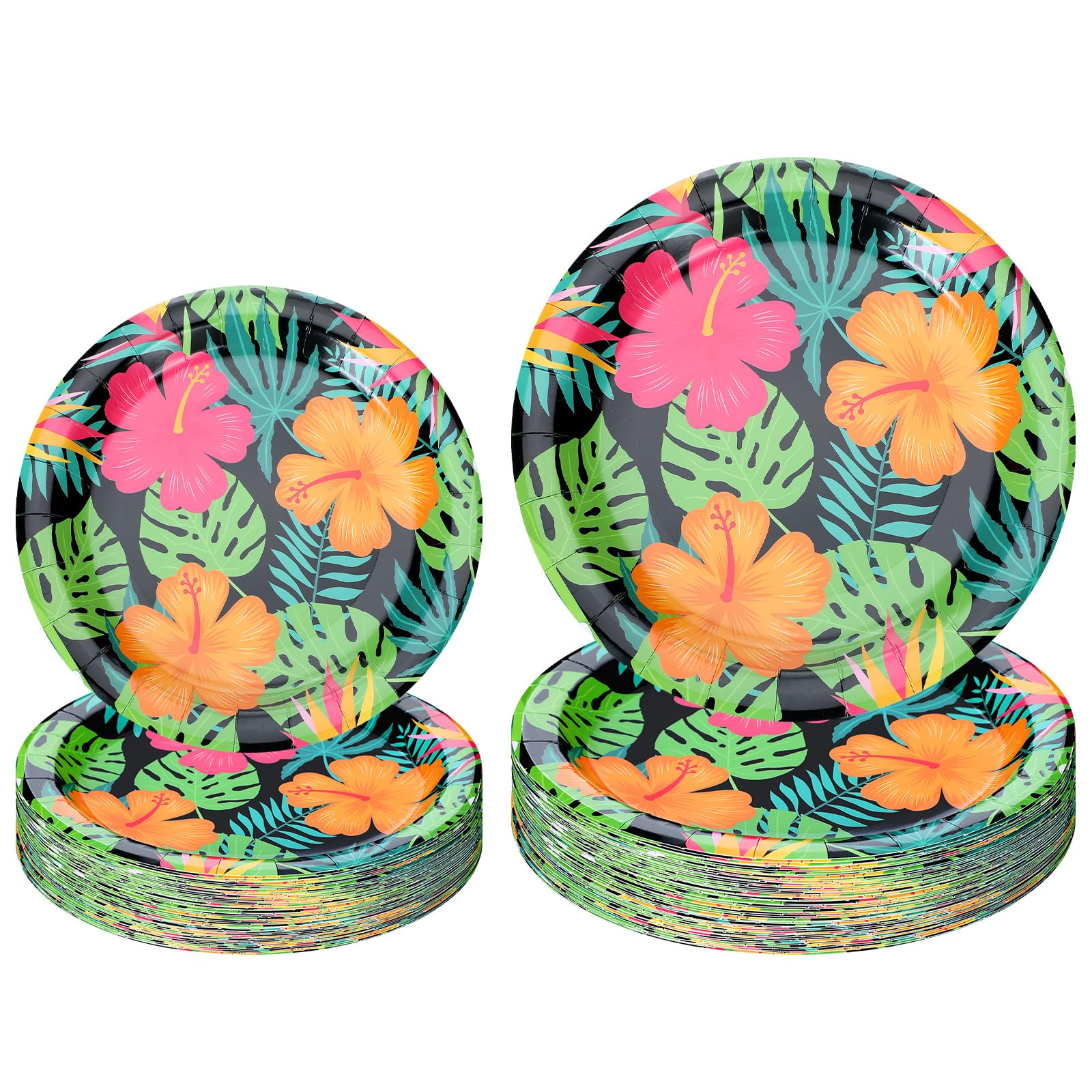 Honoson 100 Pcs Tropical Luau Party Supplies 7 Inch 9 Inch Tropical Nights Paper Plates Hawaiian Disposable Plates for Summer Holiday Beach Bbqs Pool
