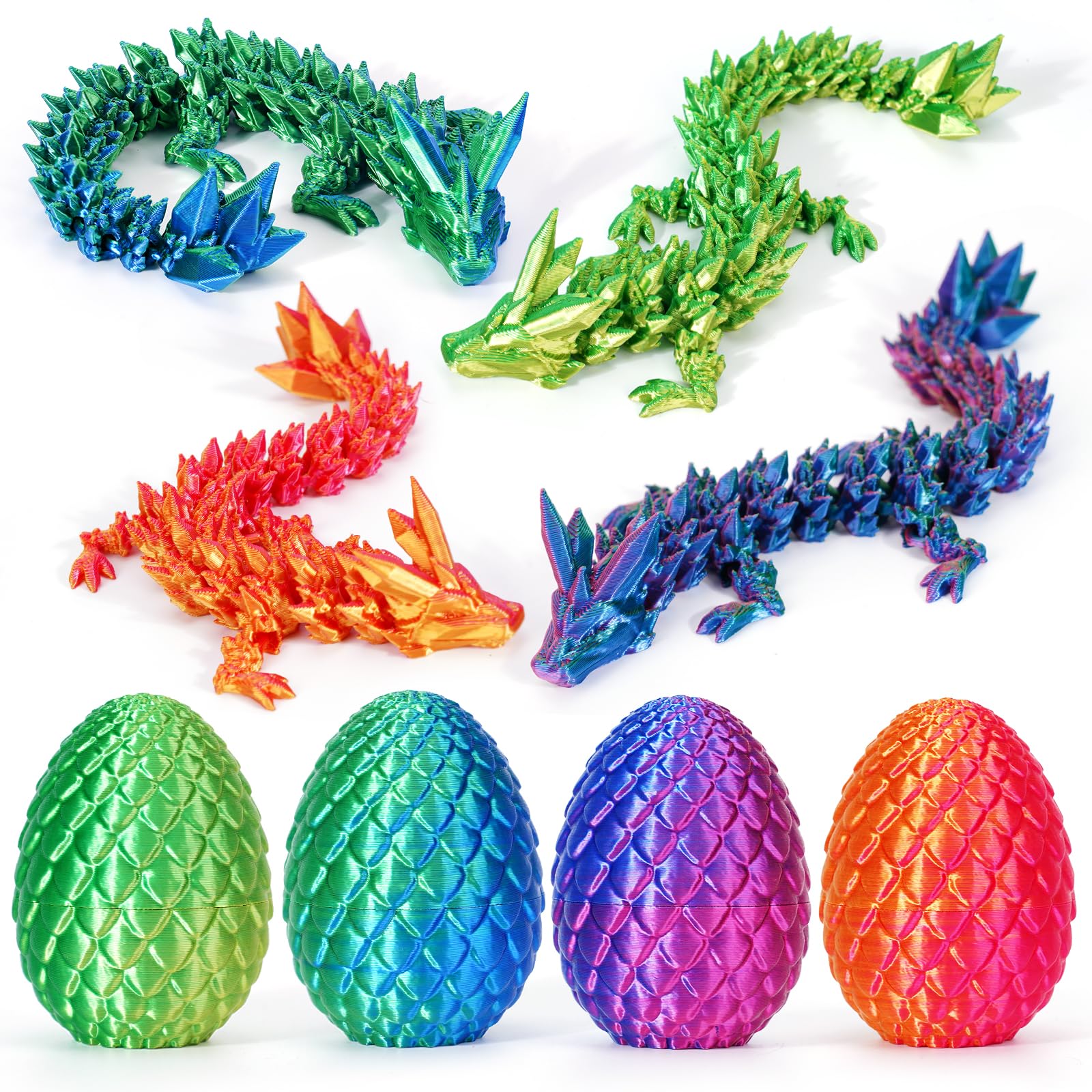 4Pcs 3D Printed Dragon Eggs with Dragon Inside Articulated Animals Cool Crystal 3D Print Dinosaur Toy Dino Eggs for Boys Girls Home Decor