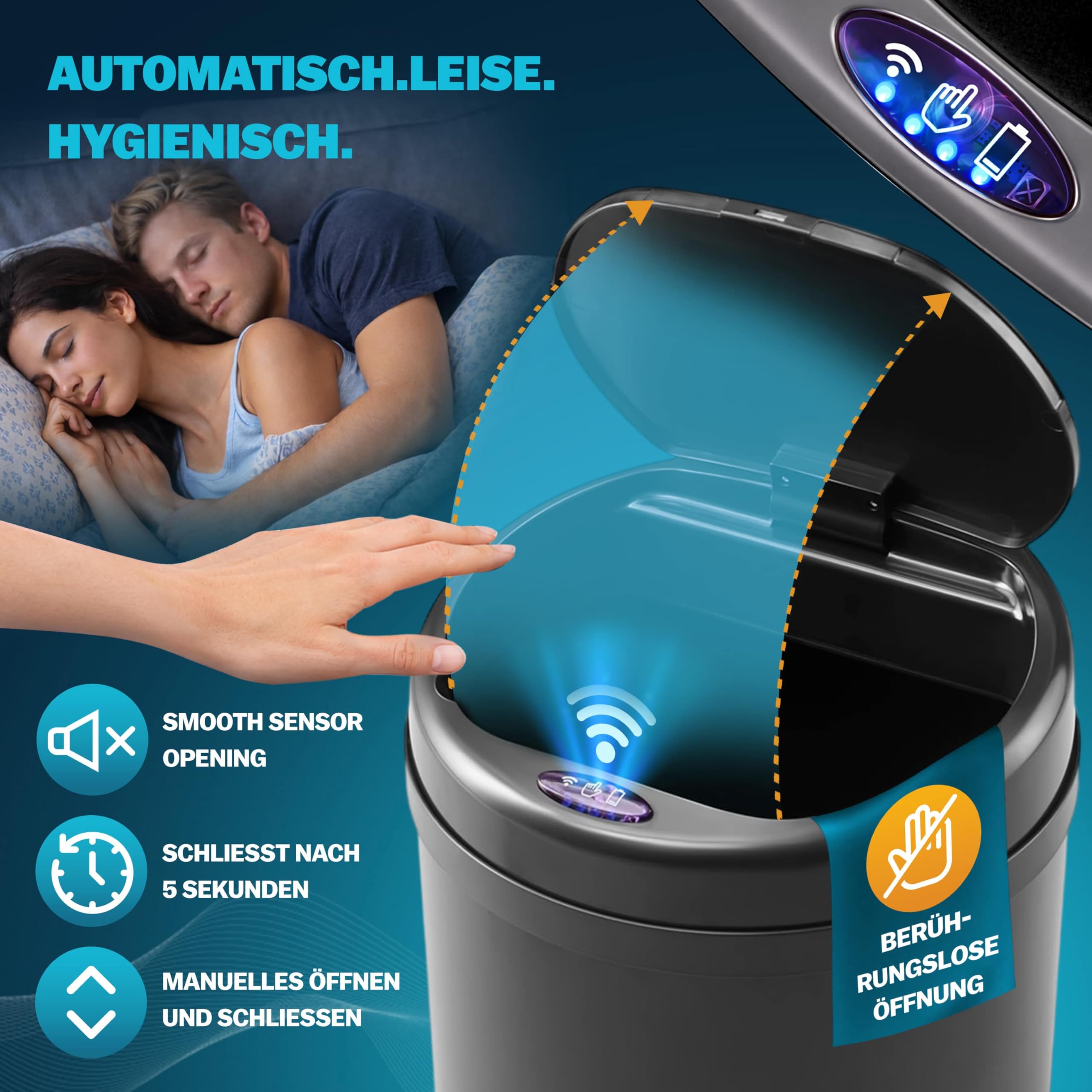 Poubelle automatique acier inoxydable 30L capteur mouvement imperméable sans contact LED USB noir