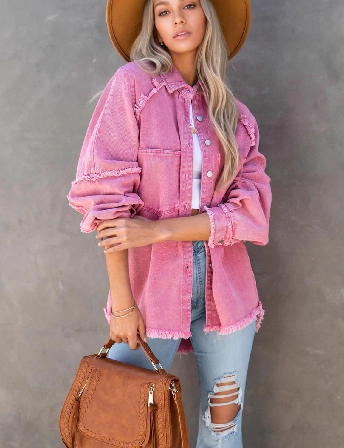Women's Oversized Washed Denim Jacket Button Down Long Sleeve Boyfriend Jean Shacket Jacket Coat with Pockets - Image 3