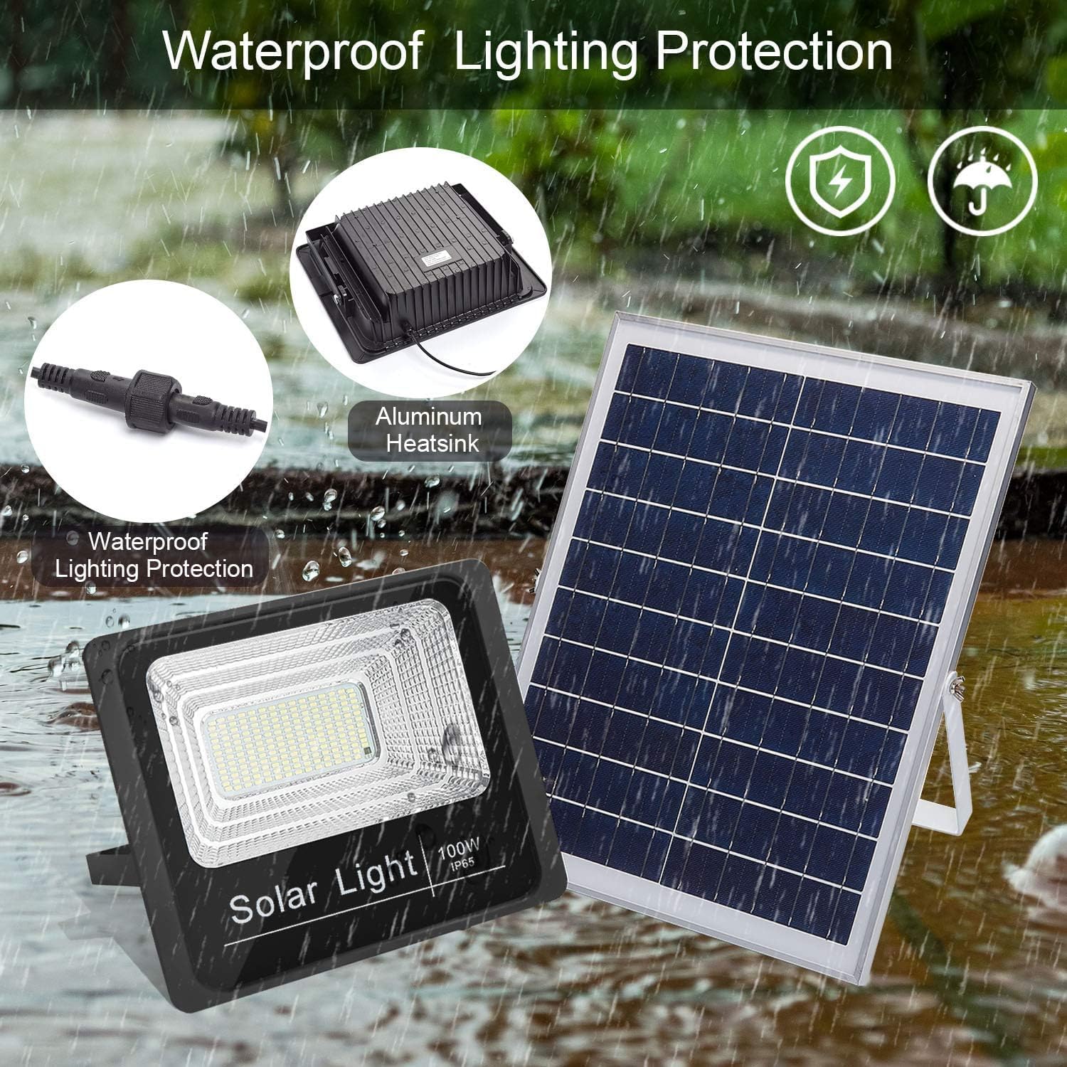 100W Solar Flood Lights Outdoor Waterproof with Remote Control Security Lighting for Yard,Garden,Gutter,Basketball Court, Arena,Garage, Warehouse, Playground, Hotel, Farm (100W)