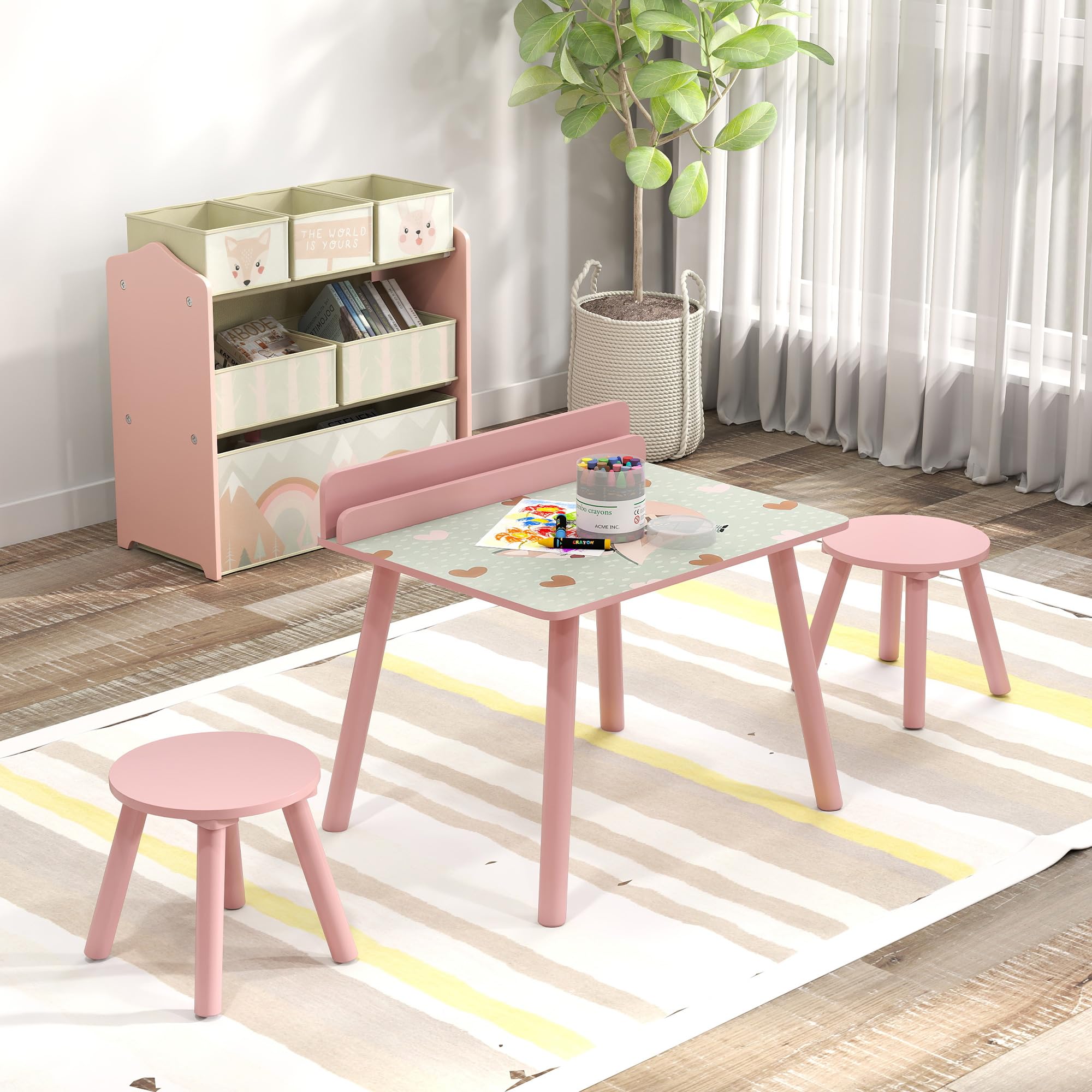 AIYAPLAY Ensemble Table et Chaise Enfant Table pour Enfant avec Chaise avec Porte-Livres Motifs d'ours pour Enfants 3-8 Ans pour Chambre à Coucher, Salon, Salle de Classe, Rose