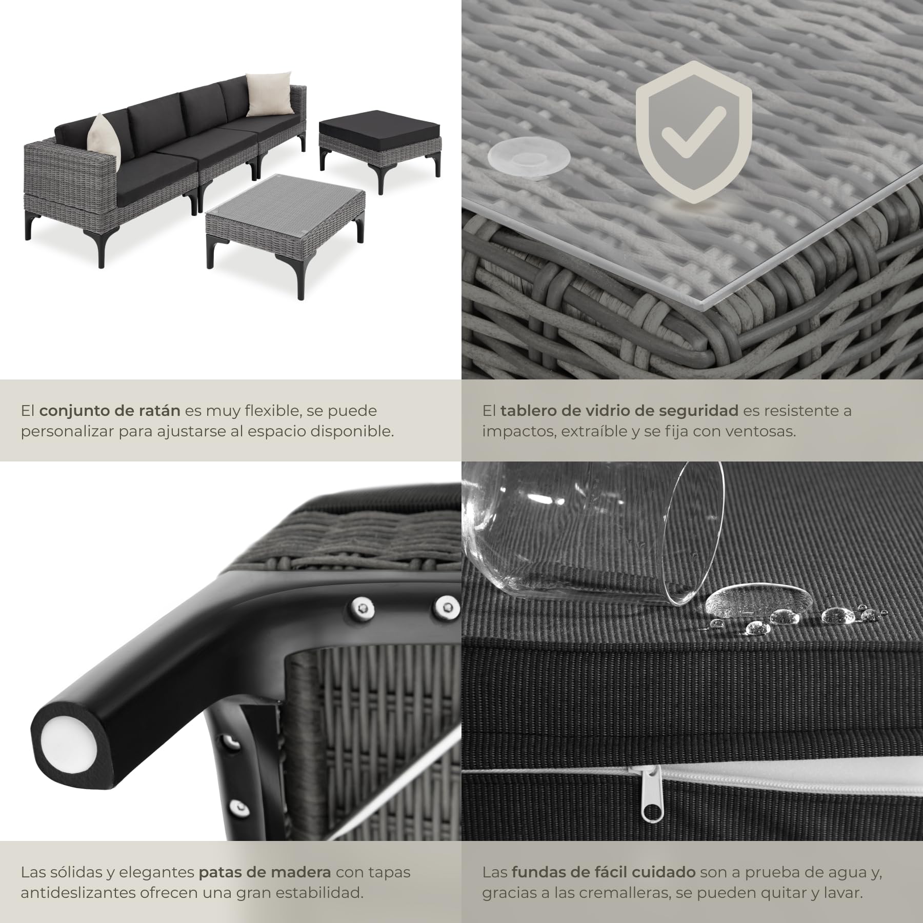 TecTake® Conjunto Jardín en Ratán y Aluminio, Cojines 8 cm, Conjunto Terraza Resistente a la Intemperie, Muebles Jardín Exterior 1 Sillón, 1 Taburete, 1 Mesa con Cristal, Fundas Extraíbles - Gris