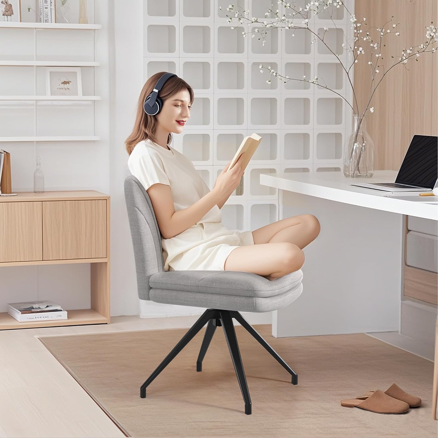 VECELO Criss Cross Legged Chair, Armless Office Desk Chair with Wide Padded Seat, Vanity Chair Modern Fabric Computer Task Chair for Living Room, Bedroom, Small Space, Make up (Grey)