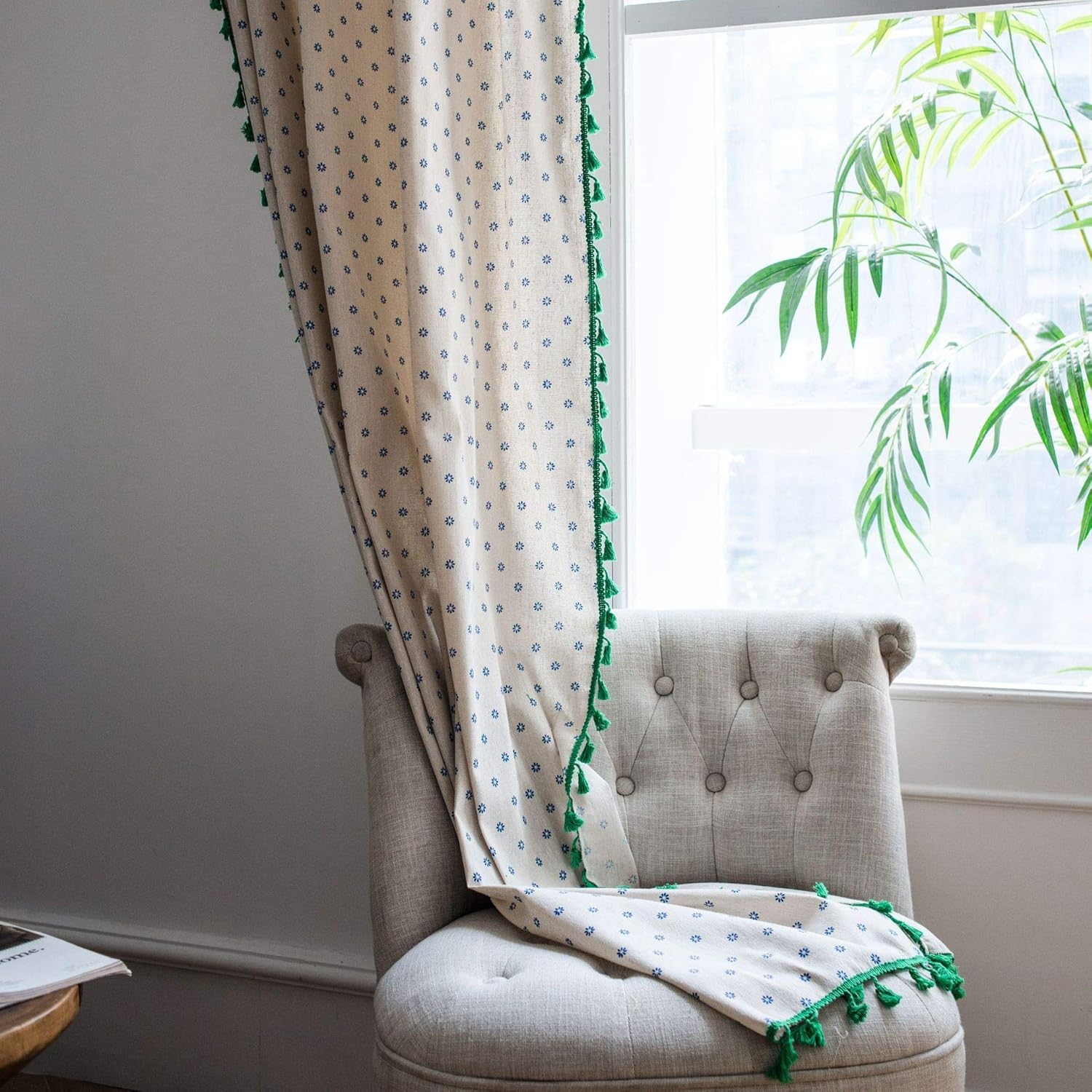 Boho Floral Print Cotton Linen Window Curtain Panel with Green Tassels Farmhouse Country Style Room Darkening Curtain Drapes, 1 Piece (Blue Daisy, W59 x L63, 1 Panel)