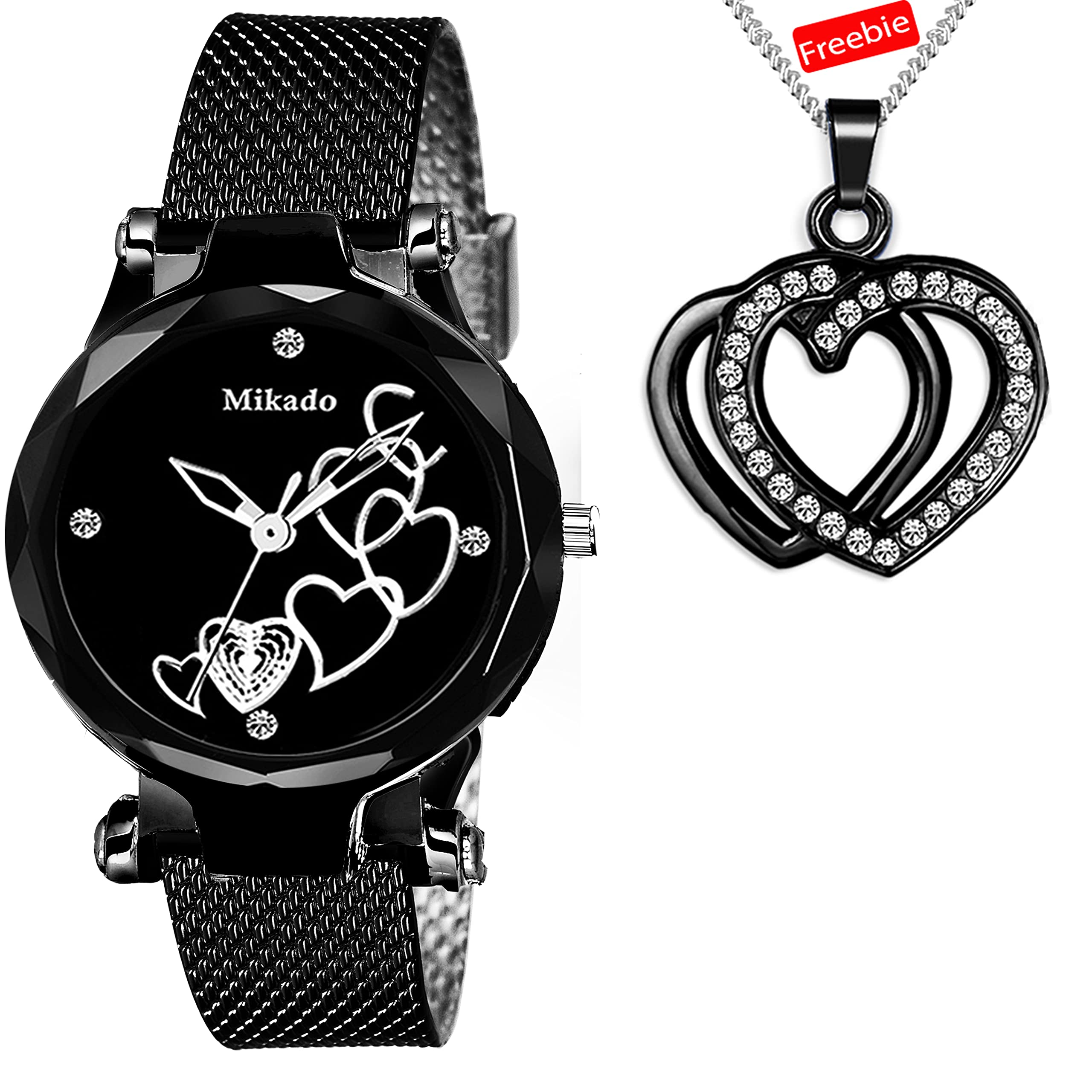 Mikado Fashionable Black Decent Watch with Pendant Set Combo for Women (B09RGCZV8Q) Amazon Price History, Amazon Price Tracker