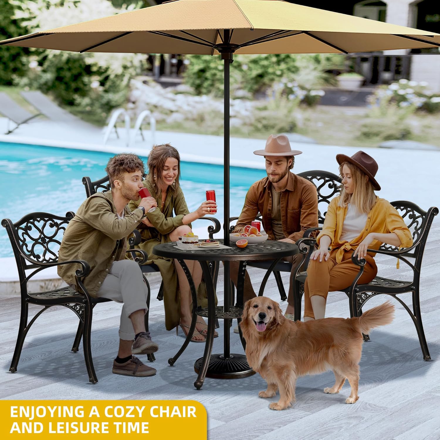 DWVO Set of 2 Outdoor Cast Aluminum Outdoor Chairs with Armrest, All-Weather Patio Dining Chair with Adjustable Feet for Balcony, Backyard, Deck, Garden, Hammered Bronze