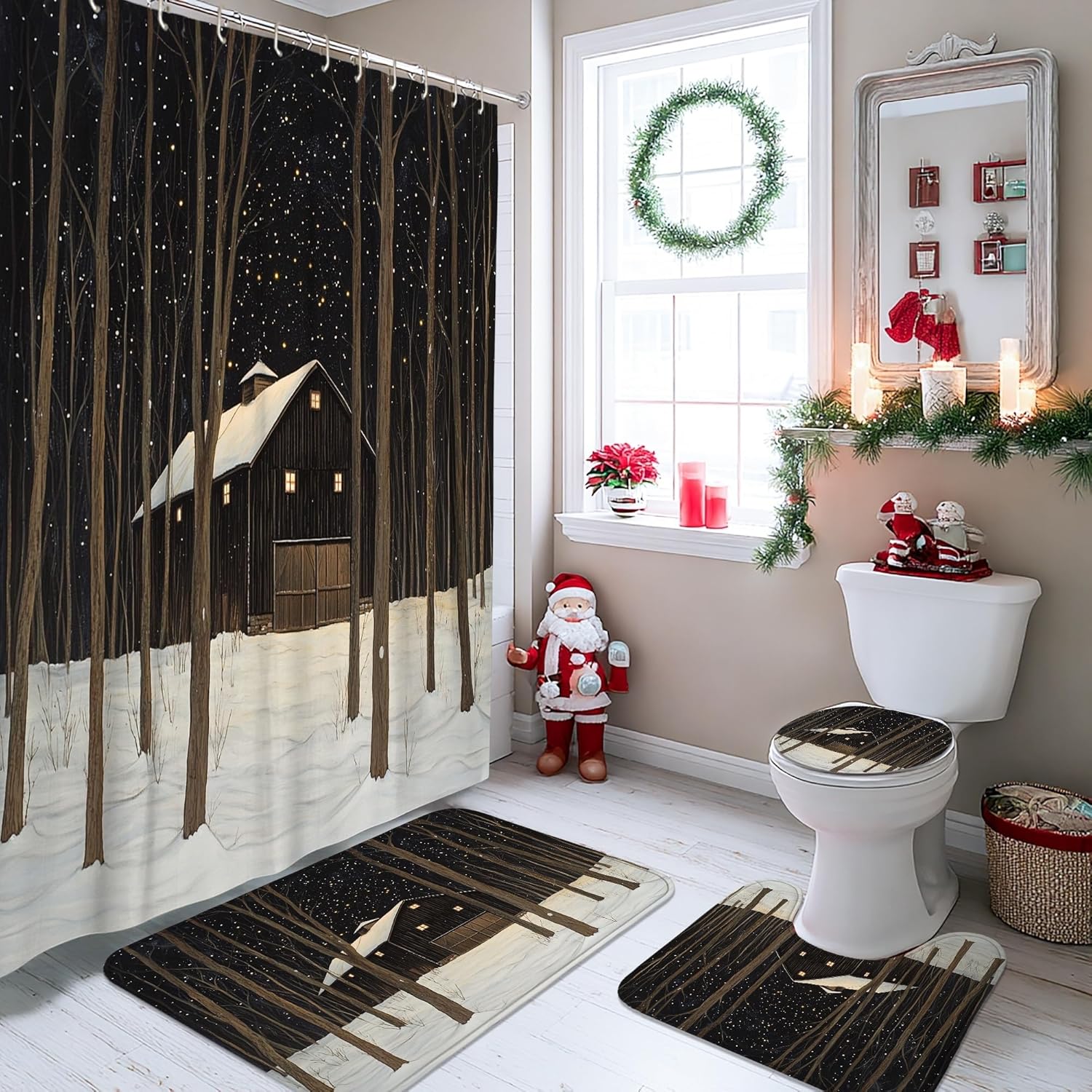 4PCS Winter Farmhouse Christmas Bathroom Sets with Non-Slip Rug, U Shape Toilet Lid Cover Mat, Country Barn Xmas Landscape Bathroom Decoration 72''x72''