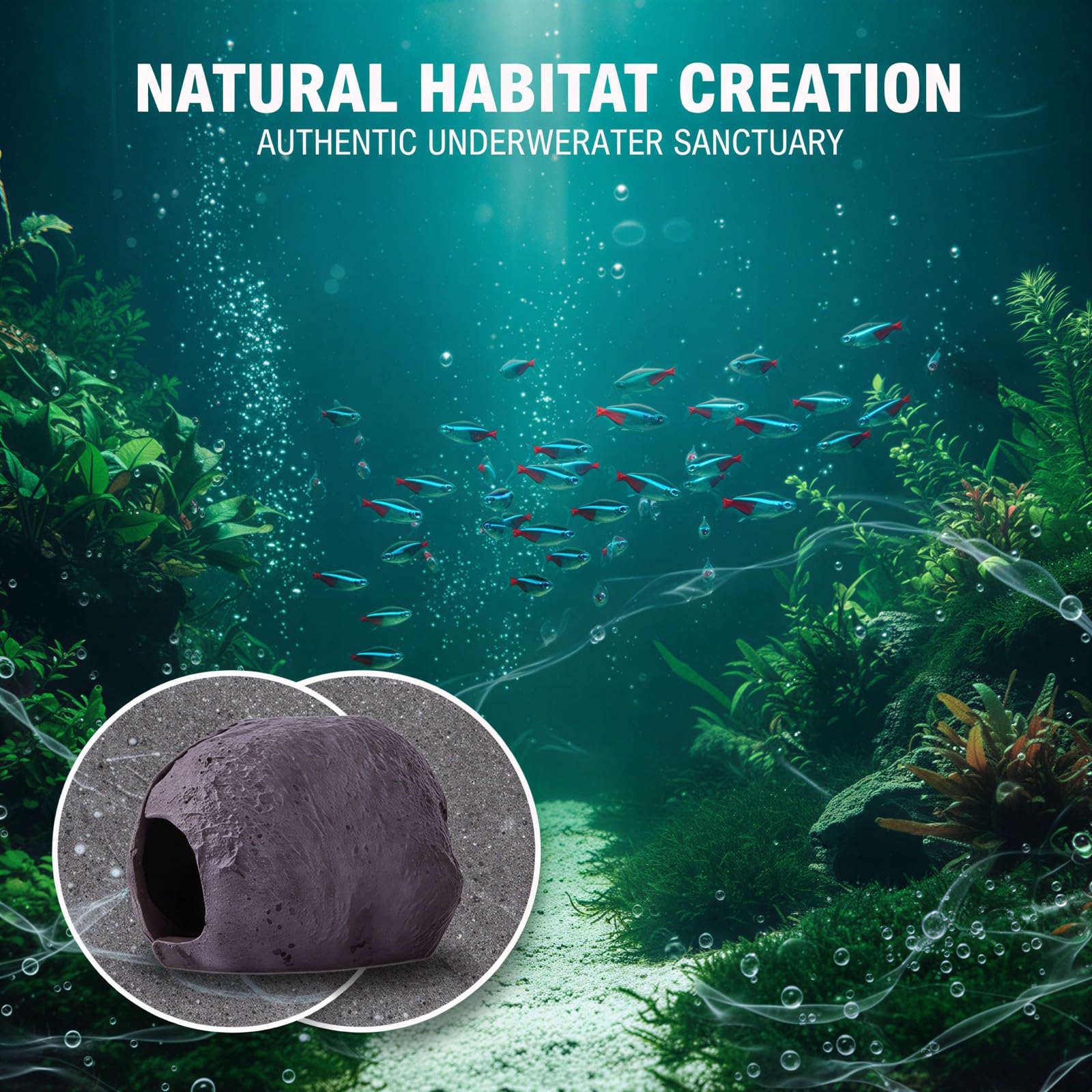 Cachette pour aquarium, cachette à fixation métallique pour bac à poissons, design galet en résine naturelle, nid de ponte pour cichlidés et crevettes, ornement stable avec trou noirci