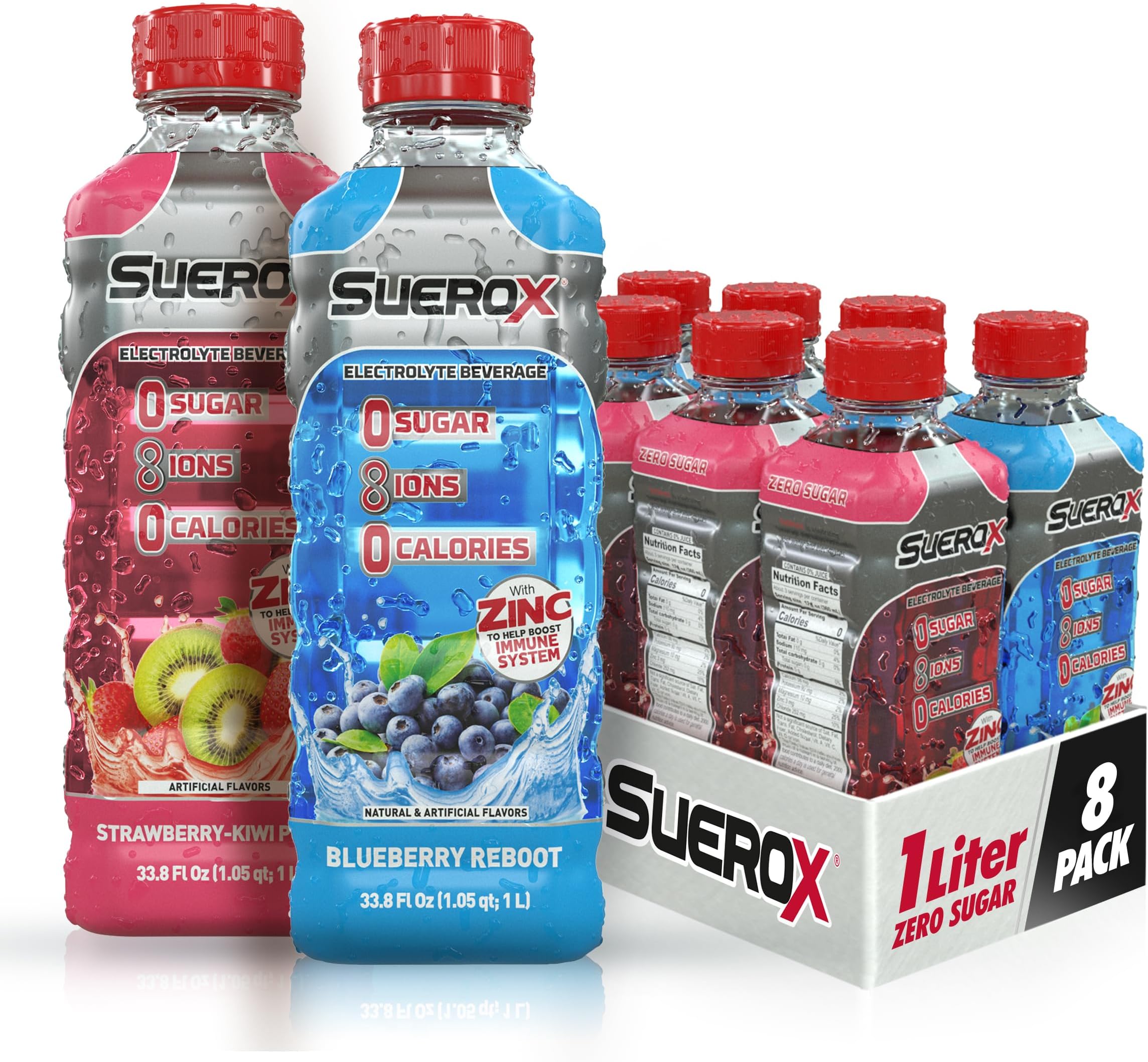 SueroX Zero Sugar Electrolyte Drink, Sugar Free Hydration Beverage, Unique Blend of 8 Ions & Electrolytes, Zero Calorie Sports Drink, Berry XL Pack, 1- Liter, 8 Count