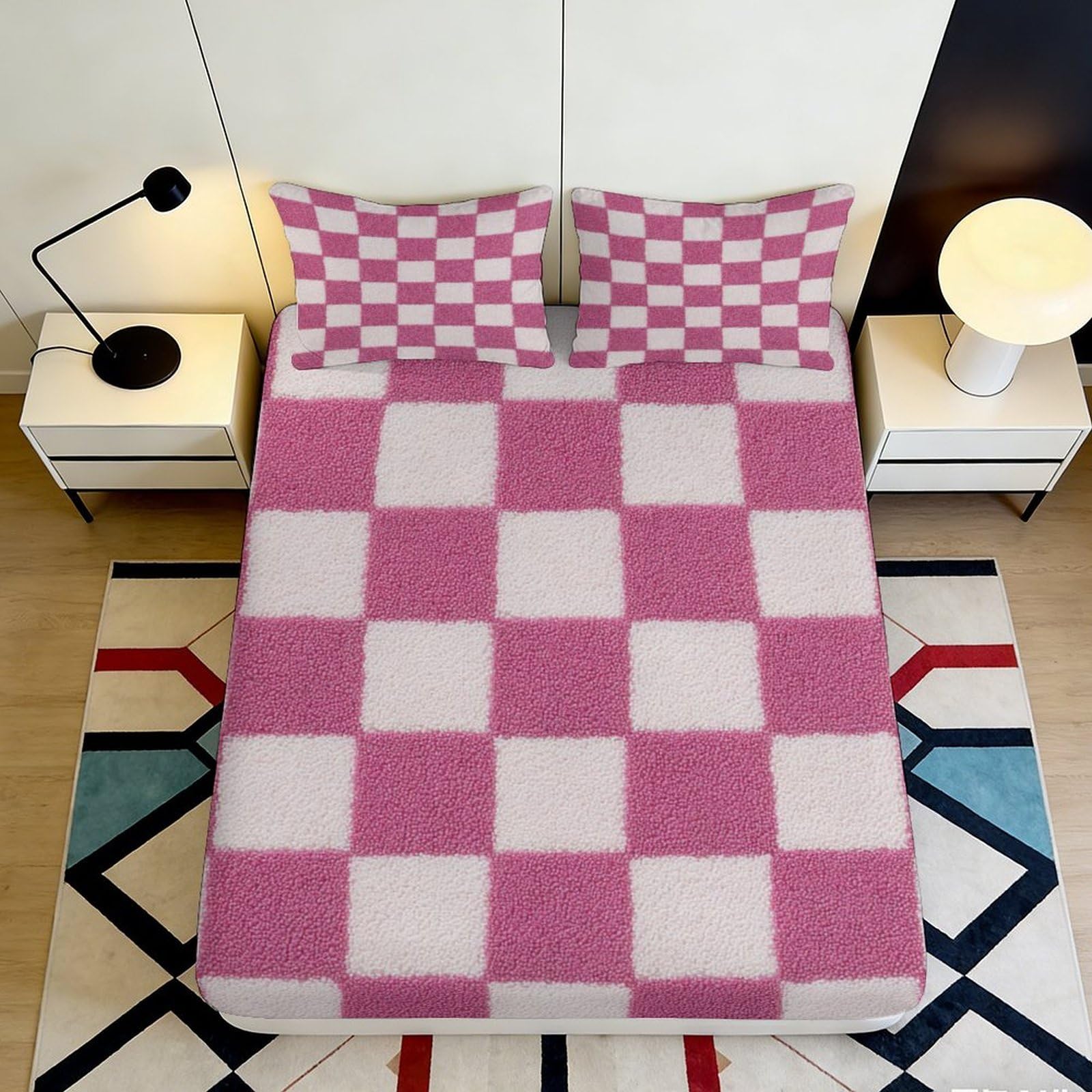 3D Printed Pink Checkerboard Fitted Sheet Microfiber Soft Breathable Chess Pattern Bed Cover for Bedroom Dorm Decor 90x200x25cm