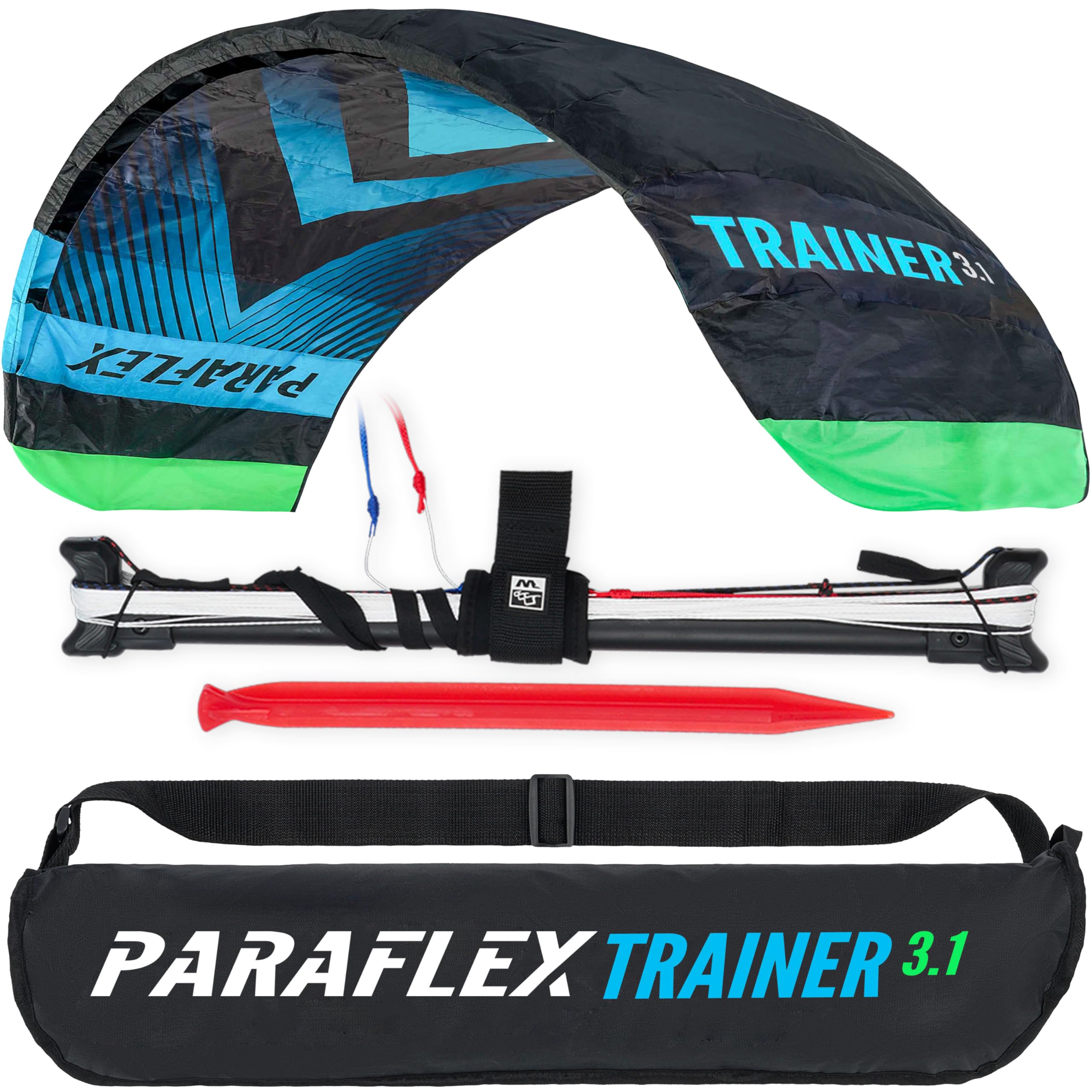 Wolkenstürmer Paraflex Trainer - Alfombra de dirección 3 l 3.1 (Verde/Naranja) - Cometa Lista para Volar 310 cm con Barra de Entrenamiento - Kite & Windtrainer