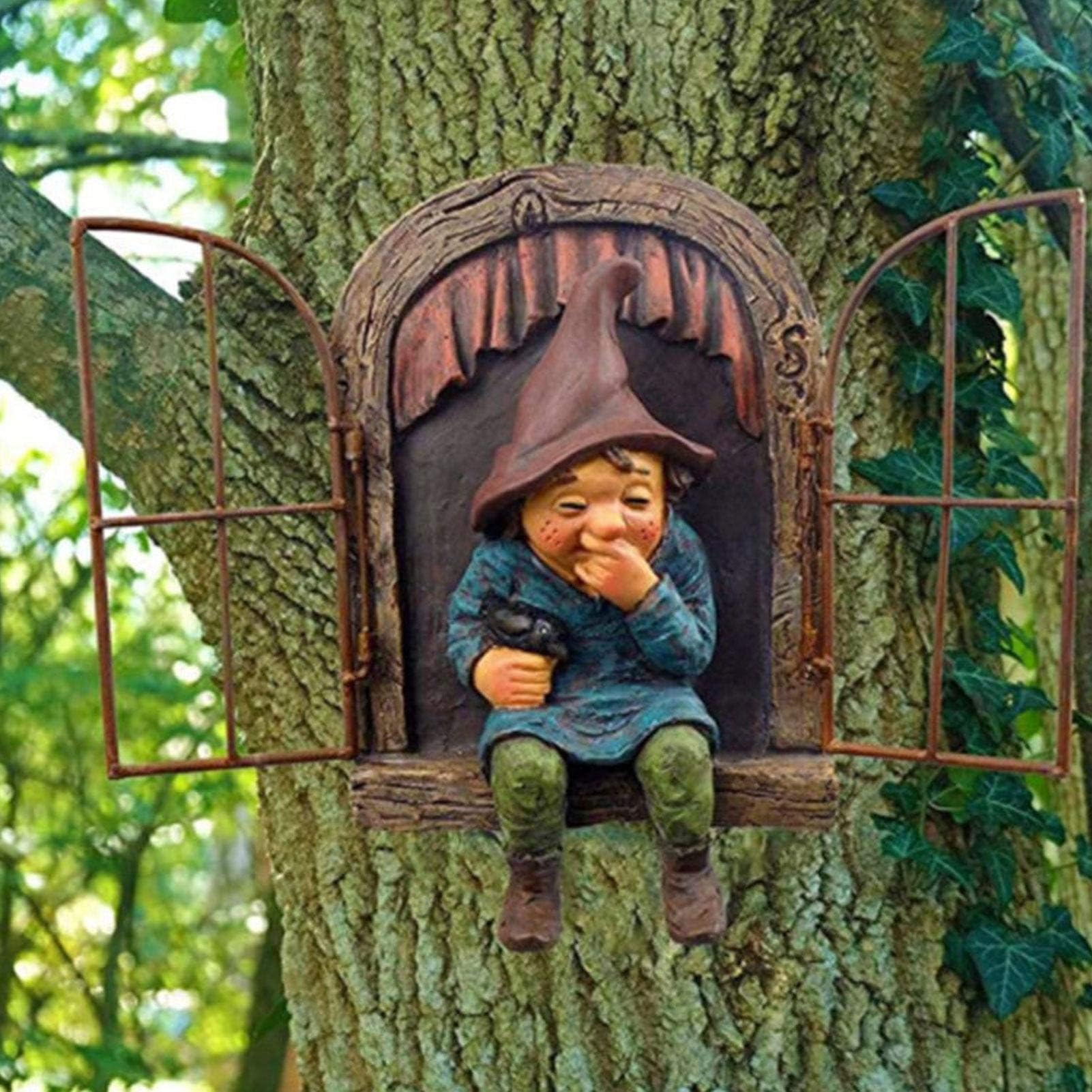 BIUDUI Windoow Gnome Statue Elf Out The Door Tree Gnome Sculpture Elf Out The Windoow Tree Hugger Dwarf Wall Resin Ornament Cartoon Gnomes Resin Garden Ornaments Funny Window Decoration