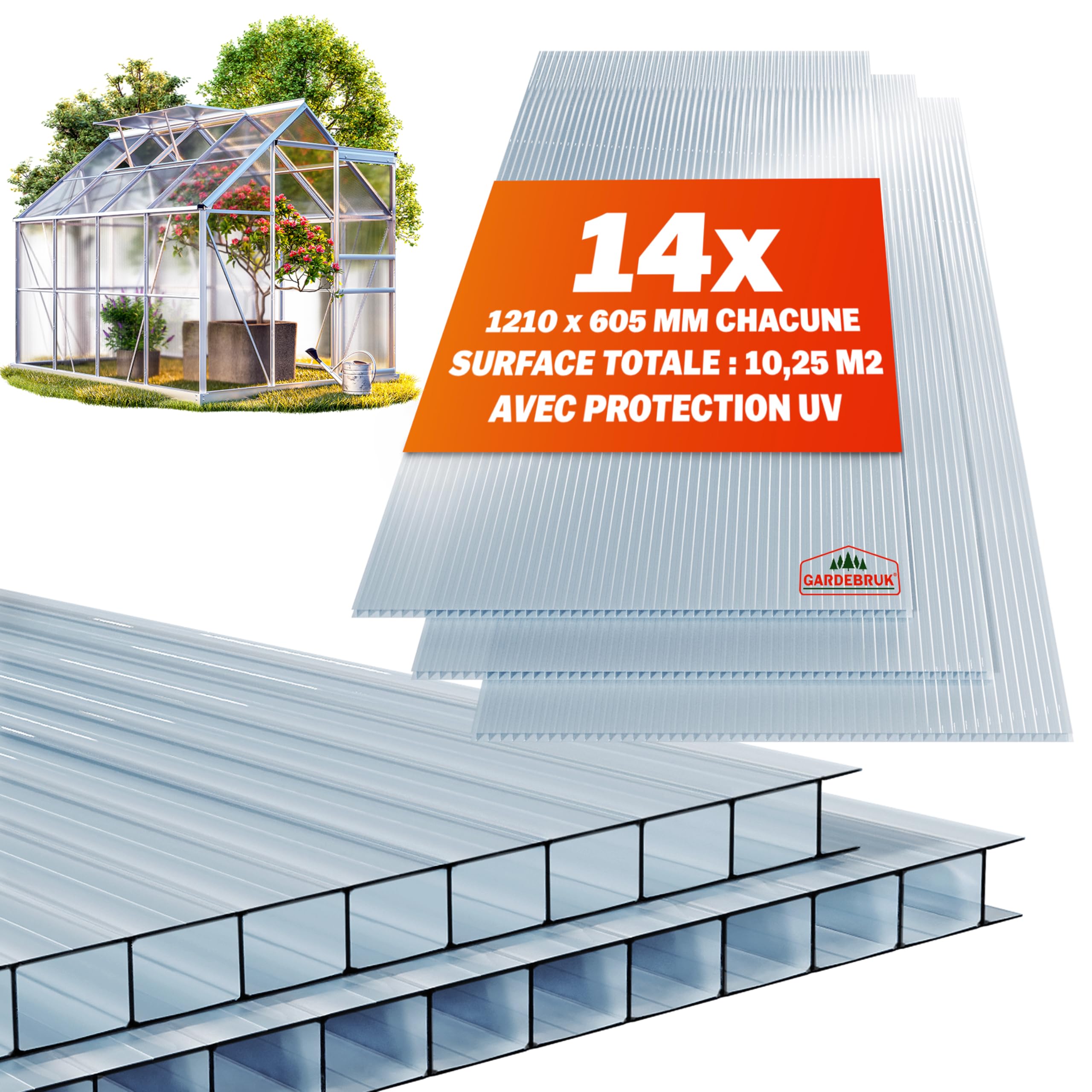 GARDEBRUK® 14x Plaques de Polycarbonate Creux 4mm 121x60,5cm découpe 10,25m² résistant aux UV plaques à Double paroi Serre de Jardin Plaque alvéolaire