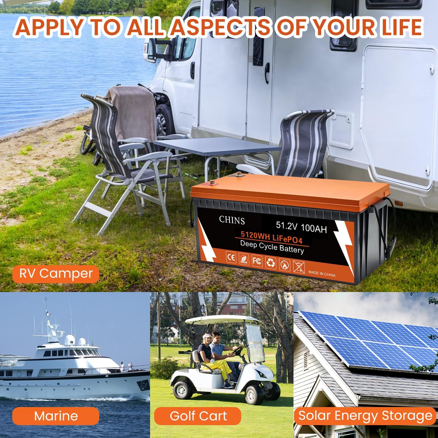 CHINS battery shown with various applications: RV camper, marine, golf cart, and solar energy storage.