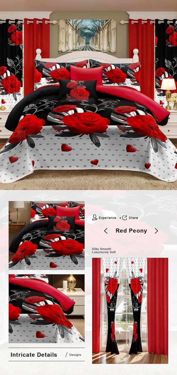 9 pcs Queen Bed in a Bag with Curtains | Boho Red Rose Bedspread, Pillowcases, Print & Solid Curtains | Microfiber, Silky Soft | Comforter Sets with Matching Curtains | Bedroom & RV Decor - Image 6