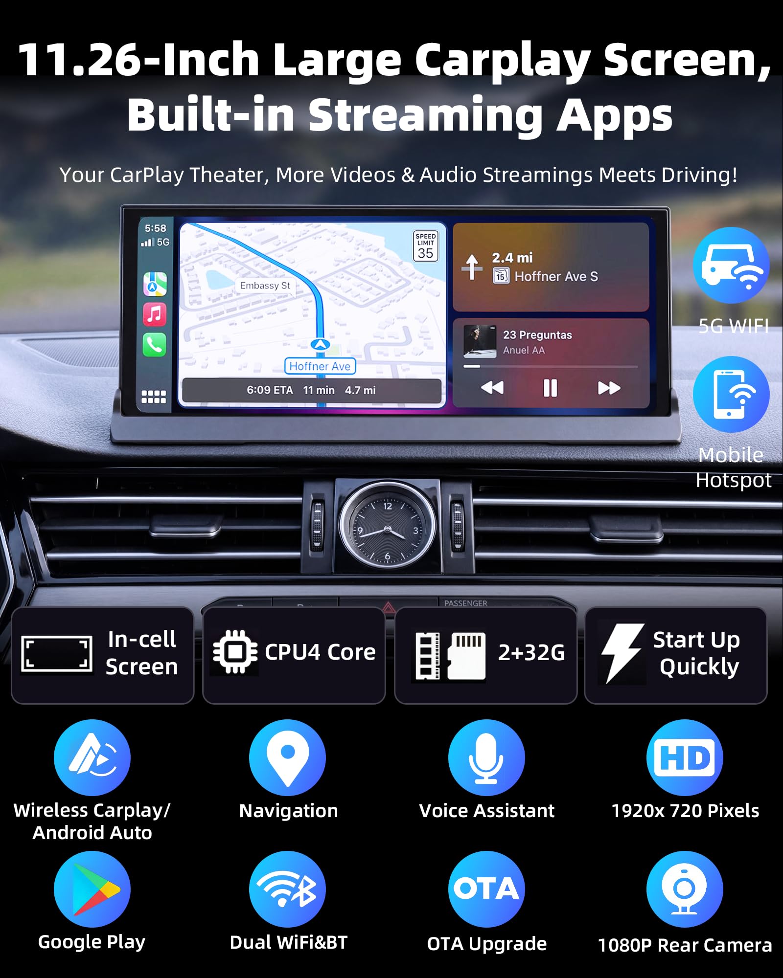 11,26 Zoll Wireless Carplay Display Android Auto Display mit Netflix YouTube TikTok Android 15 Car Play Autoradio mit Bildschirm Dual-Bluetooth OTA Navigation Sprachsteuerung Rückfahrkamera 1080P