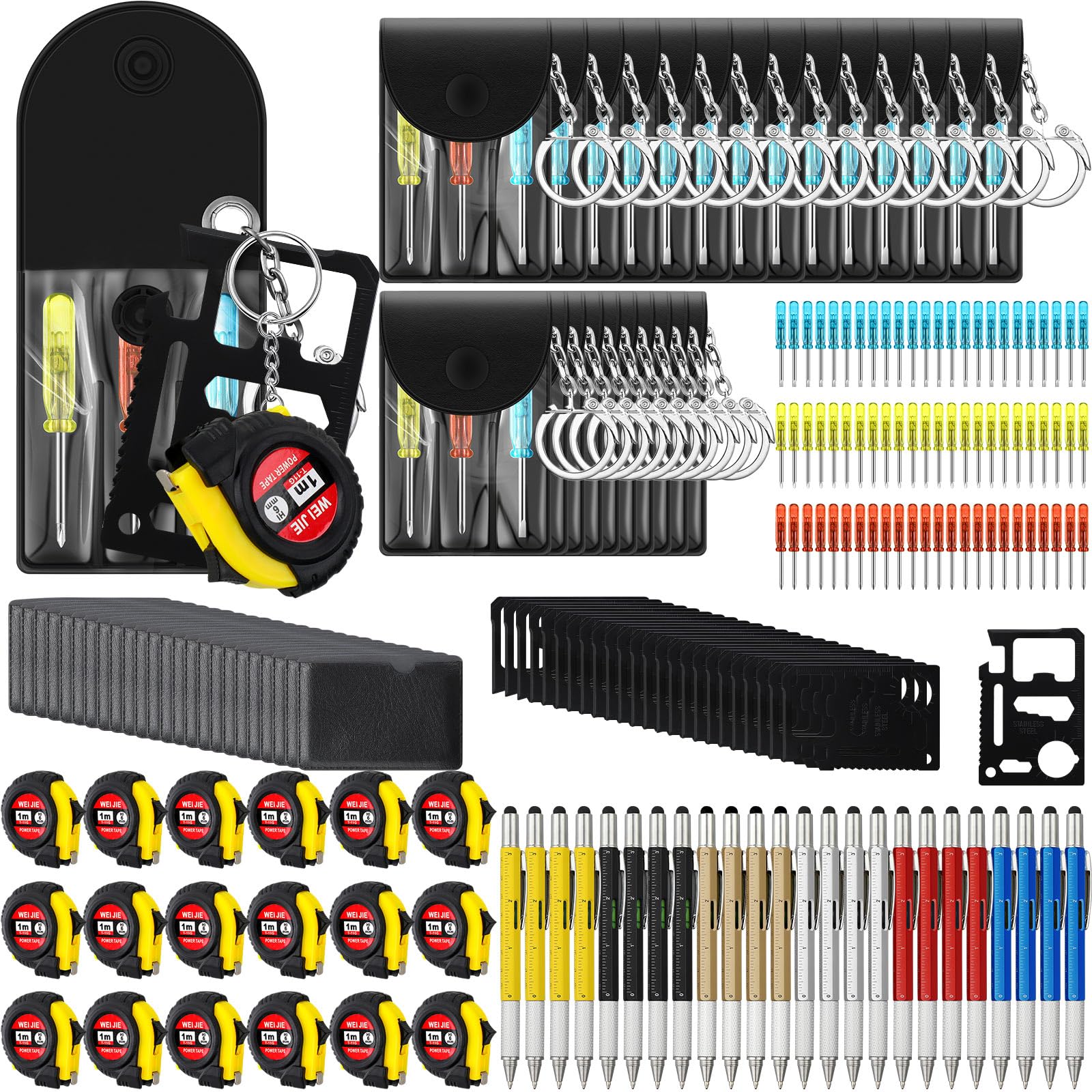Saysurey 96 Pcs Mini Tape Screwdriver Keychain Set Employee Coworkers Gift Fathers Men Gifts Bulk Adult Party Favors Measuring Keychains Multitool Pen Card Tool for Men Dad (Multicolor)