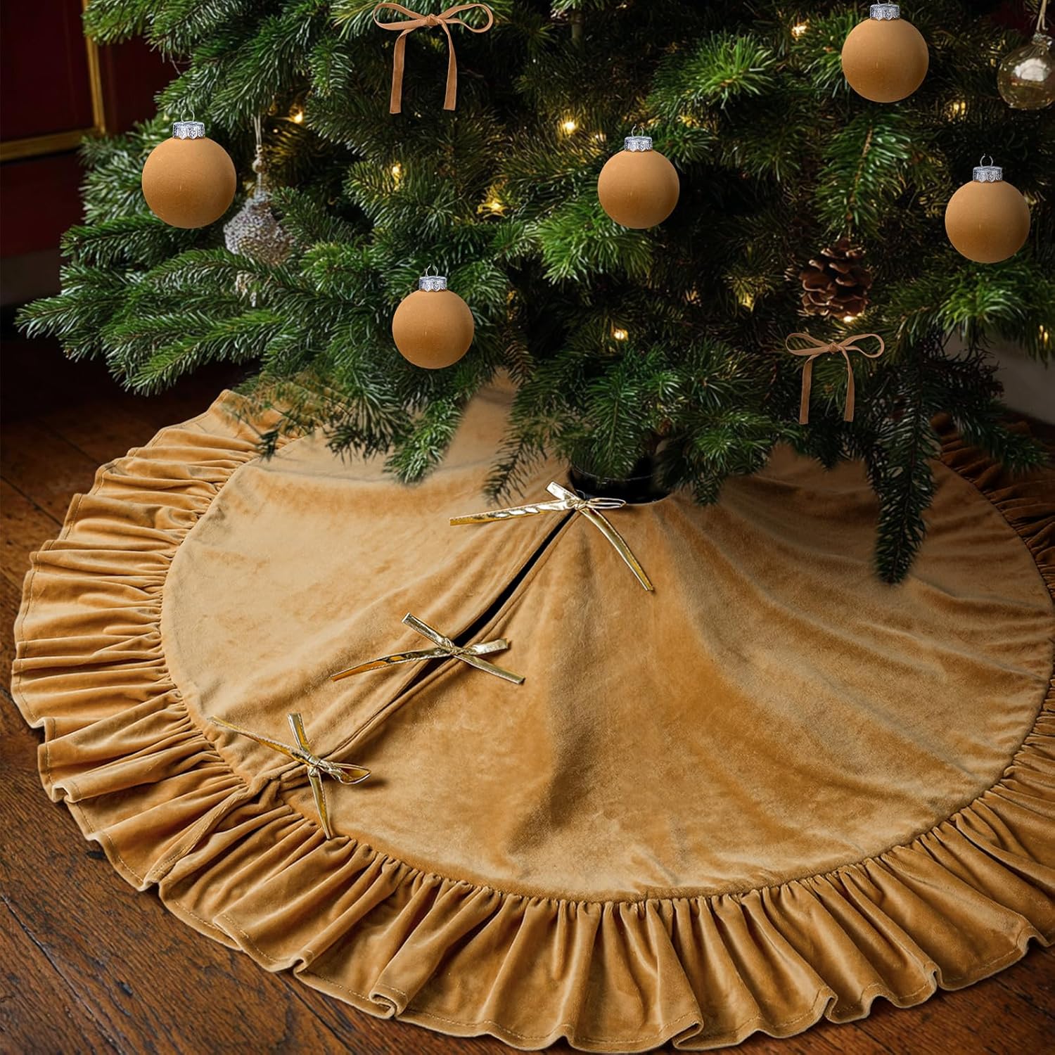 48 Inches Velvet Christmas Tree Skirt Khaki with Gold Bow Fur Plush Tree Skirt Luxury Xmas Skirts for Merry Christmas Party Vintage Holiday Decorations 48 Inches Bow Style Khaki