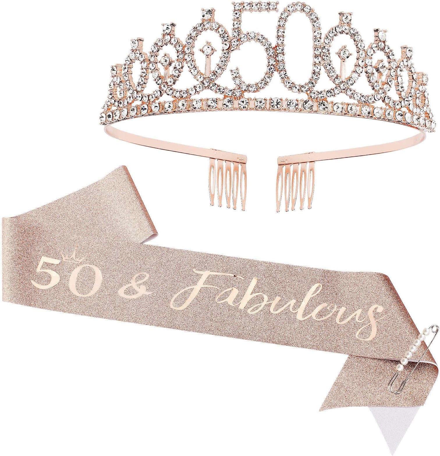 CIEHER Birthday Crown + Birthday Sash+Pearl Pin Set 13th 16th 40th 50th Birthday Decorations