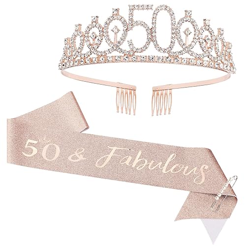 CIEHER Juego de corona de cumpleaños 50 + banda de 50 y fabulosa banda + pin de perlas, tiara, regalos de 50, decoraciones para mujeres amigas,