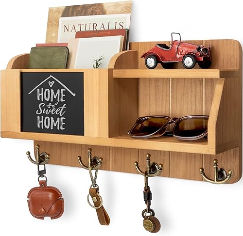 Rebee Vision Soporte para llaves de pared con pizarra organizador de correo decorativo con 4 ganchos de anclaje y 2 estantes retro, colgador de