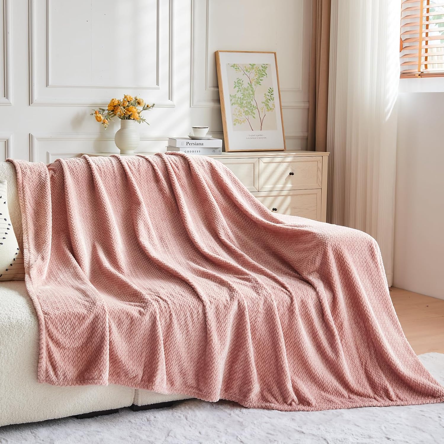 NEWCOSPLAY Super Soft Throw Blanket Dusty Pink Premium Silky Flannel Fleece Leaves Pattern Lightweight Bed Blanket All Season Use (Dusty Pink, Throw(50"x60")) - Image 7