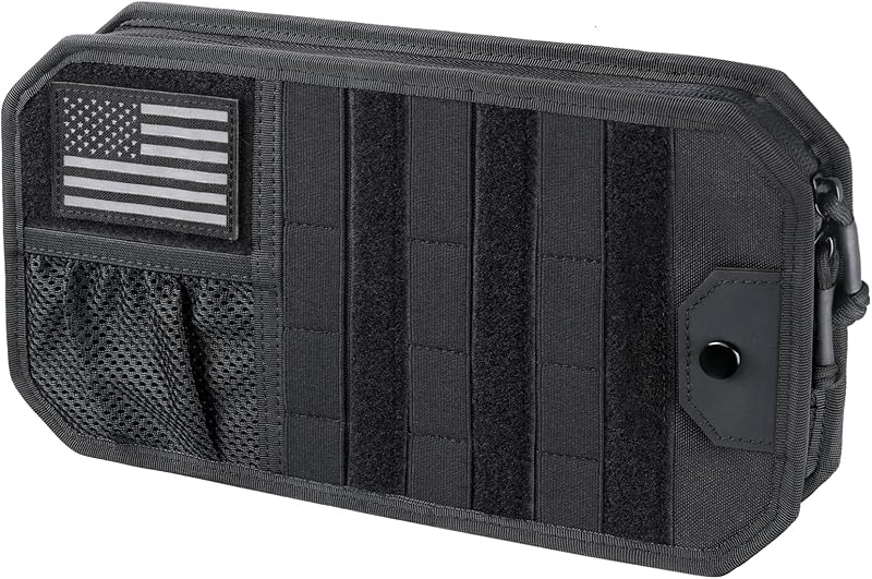 LIVANS Organizador táctico de visera para auto, apto para autos, camiones, SUV, Jeeps, patrullas | M: panel Molle semirrígido de 12,8x6,9 pulgadas, bolsa de almacenamiento para visera automática, parche con bandera para soporte de lentes, para regalo, engranajes de auto, viaje por carretera diario