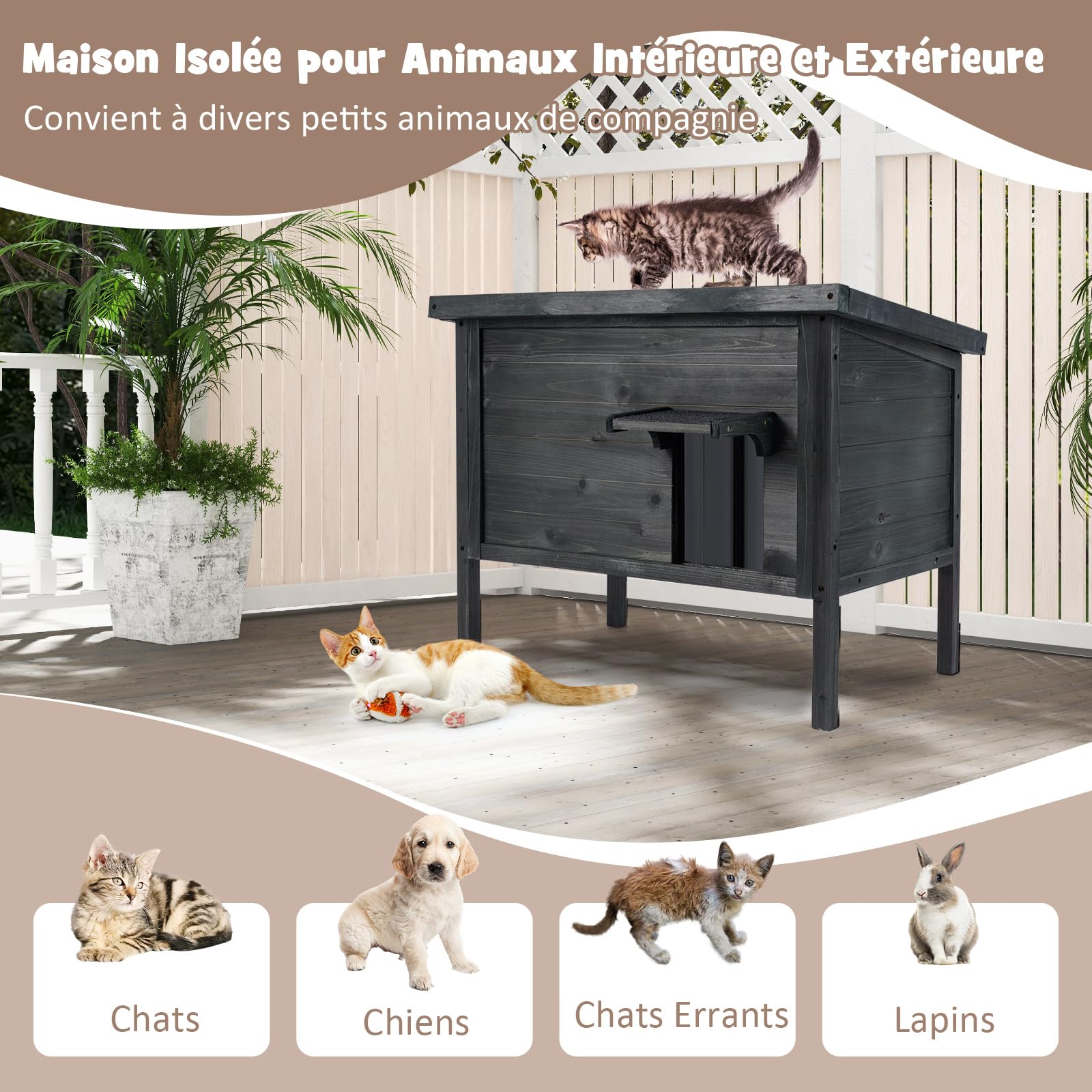 COSTWAY Niche pour Chat Exterieur, Grand Maison pour Chats en Bois de Sapin, 88 × 55 × 71 cm, Isolation en Mousse à 6 Côtés, Toit en Asphalte Ouvrable, Rideau de Porte, Cabane Chat Exterieur (Noir)