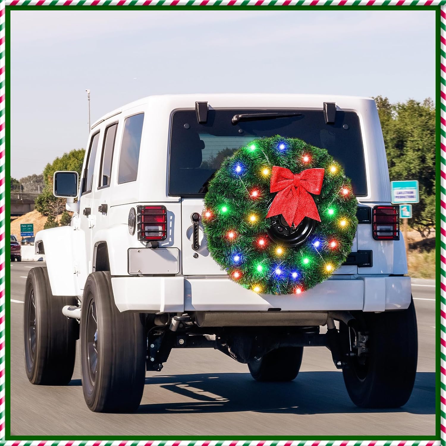 Christmas Car Wreath Spare Tire Decoration LED Spare Tire Cover DIY Kit Include 150ft Tinsel Green Garland Large Red Bow 80 LED String Lights for Truck SUV Holiday Outdoor Decor(Luxury Set)