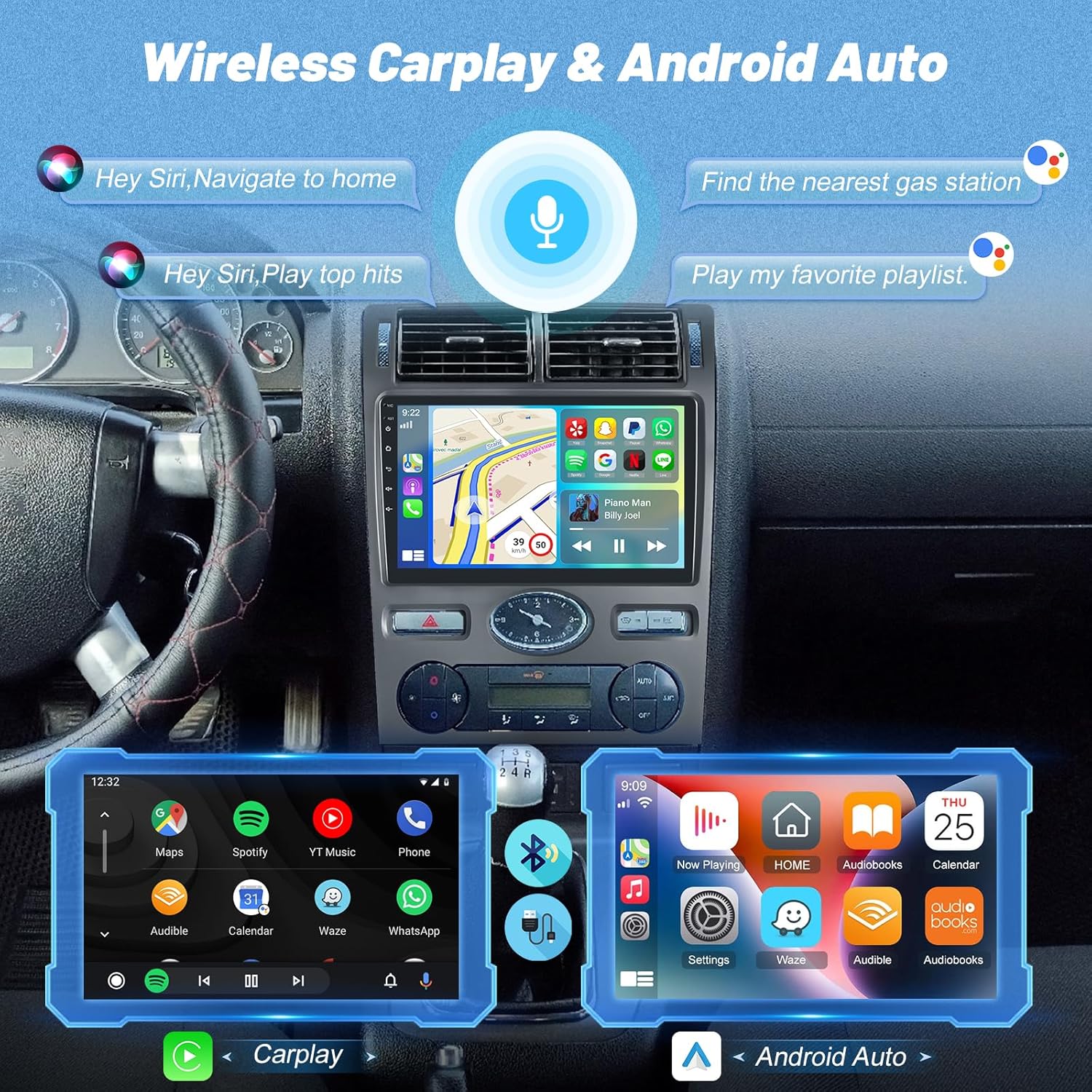 Screenshots demonstrating Wireless CarPlay and Android Auto interfaces on the car radio, showing navigation, music playback, and app icons. Voice commands like 'Hey Siri, Navigate to home' are also depicted.