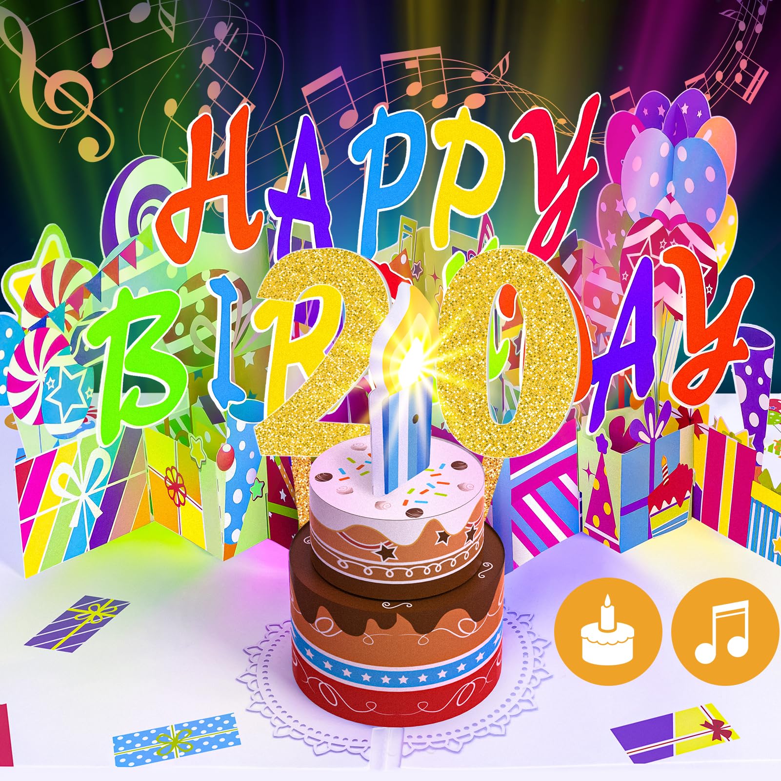 Gumry 20TH Musical Birthday PopUp Card, Blowable Colorful Light Candle 3D Cards with Song, Applause Cheers Sound, Greeting Cards Birthday Gifts