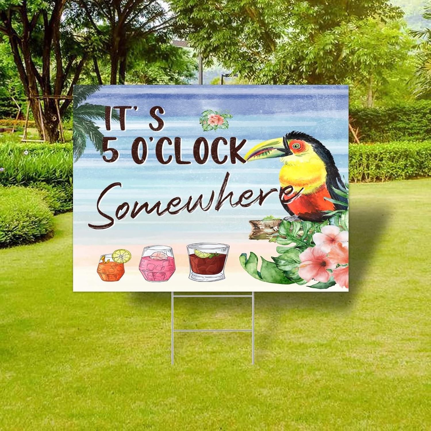Tiki Decor Plastic Yard Lawn Sign Free H Wire Stakes 18x24 Inch It's 5 O'Clock Somewhere Parrot Floral Drinks Yard Signs Fade Resistant Ink 2-Sided Yard Signs Custom Lawn Decorations