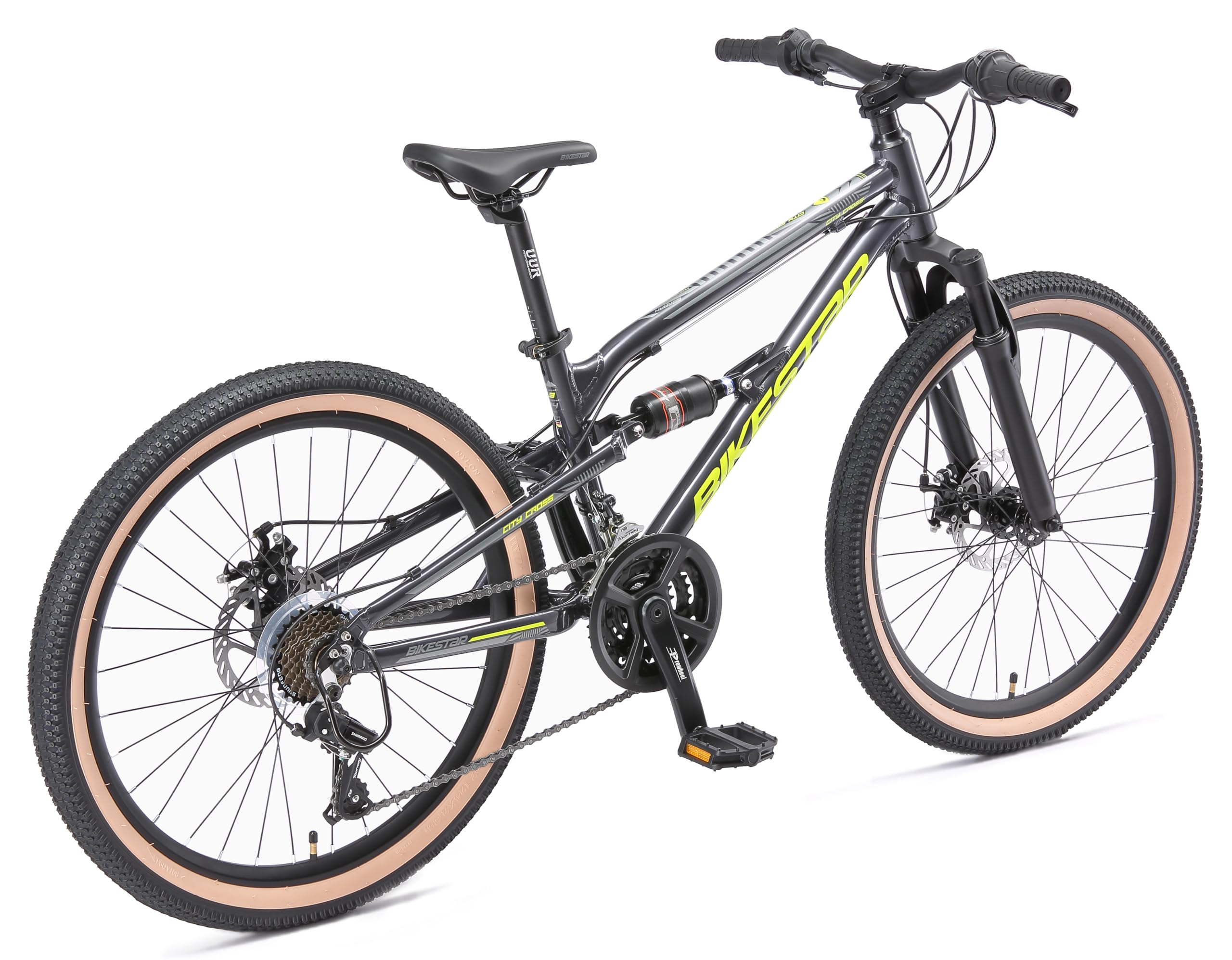 BIKESTAR MTB Mountain Bike Sospensione Completa Alluminio per Bambini 9 Anni | Bicicletta 24 Pollici 21 velocità Shimano, Freni a Disco |