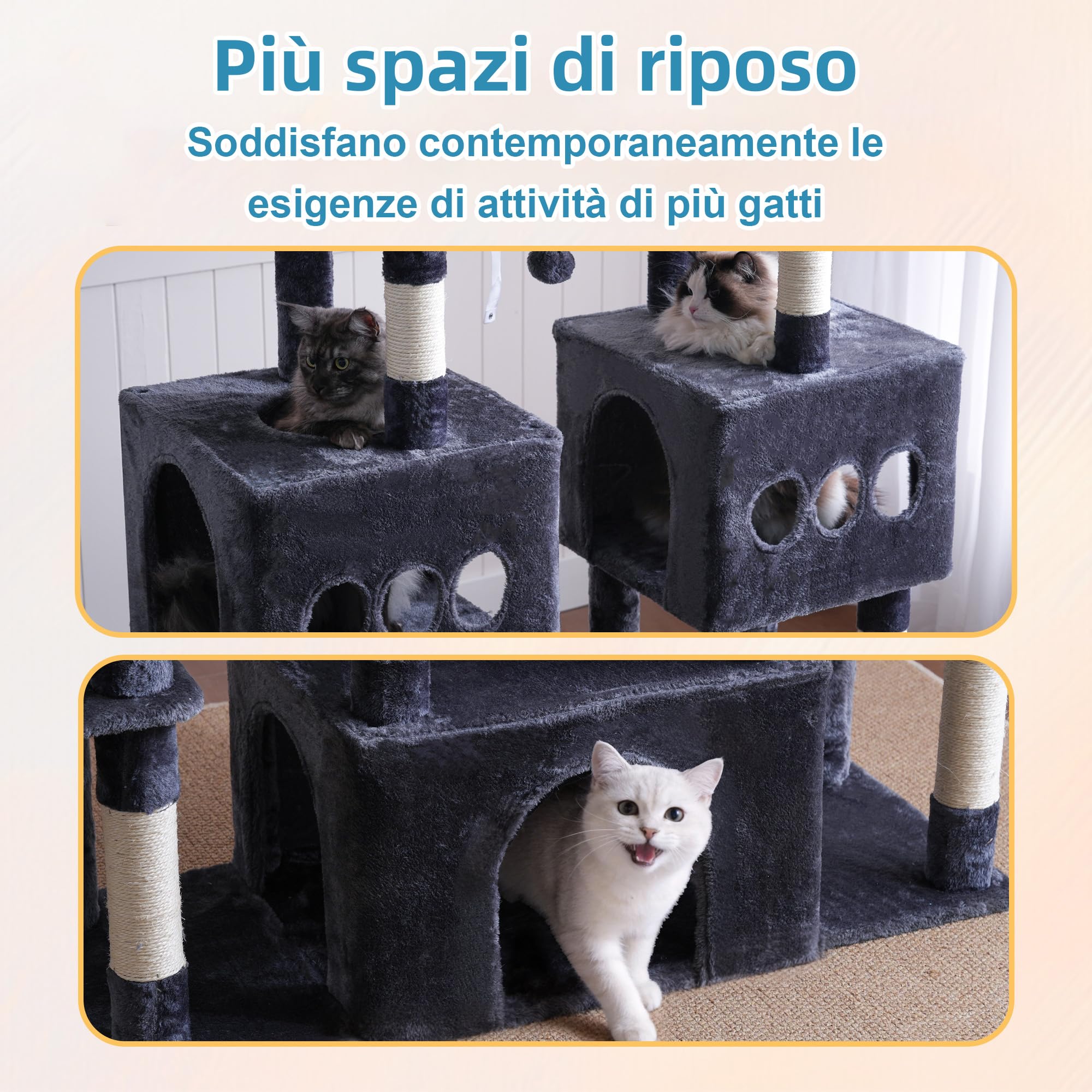 Hey-brother Tiragraffi per Gatti, con Amaca, 3 Cucce grandi, MPJ83G | 144cm Albero per Gatti, Piattaforma spaziosa, Pompon, Ideale per Maine Coon da interno, Grigio Fumo
