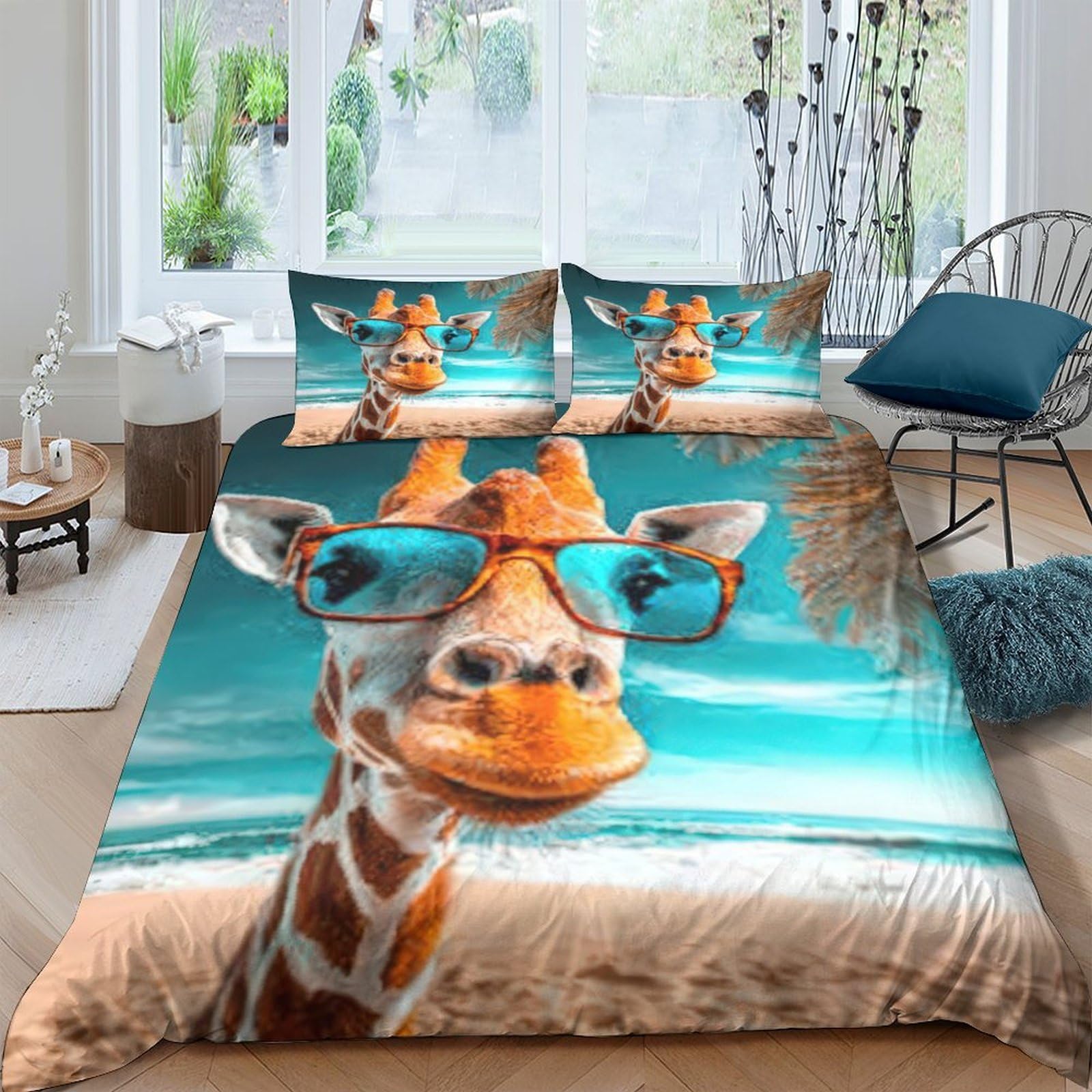 Ctjqhvkz Style-8 3D Printed Giraffe Beach Fitted Sheet Microfiber Soft Cartoon Sunglasses Mattress Cover For Bedroom Guestroom Dorm Decor Single（135X200cm）