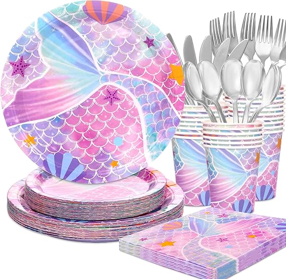 Gudvilla 168PCS Mermaid Plates and Napkins Party Supplies
