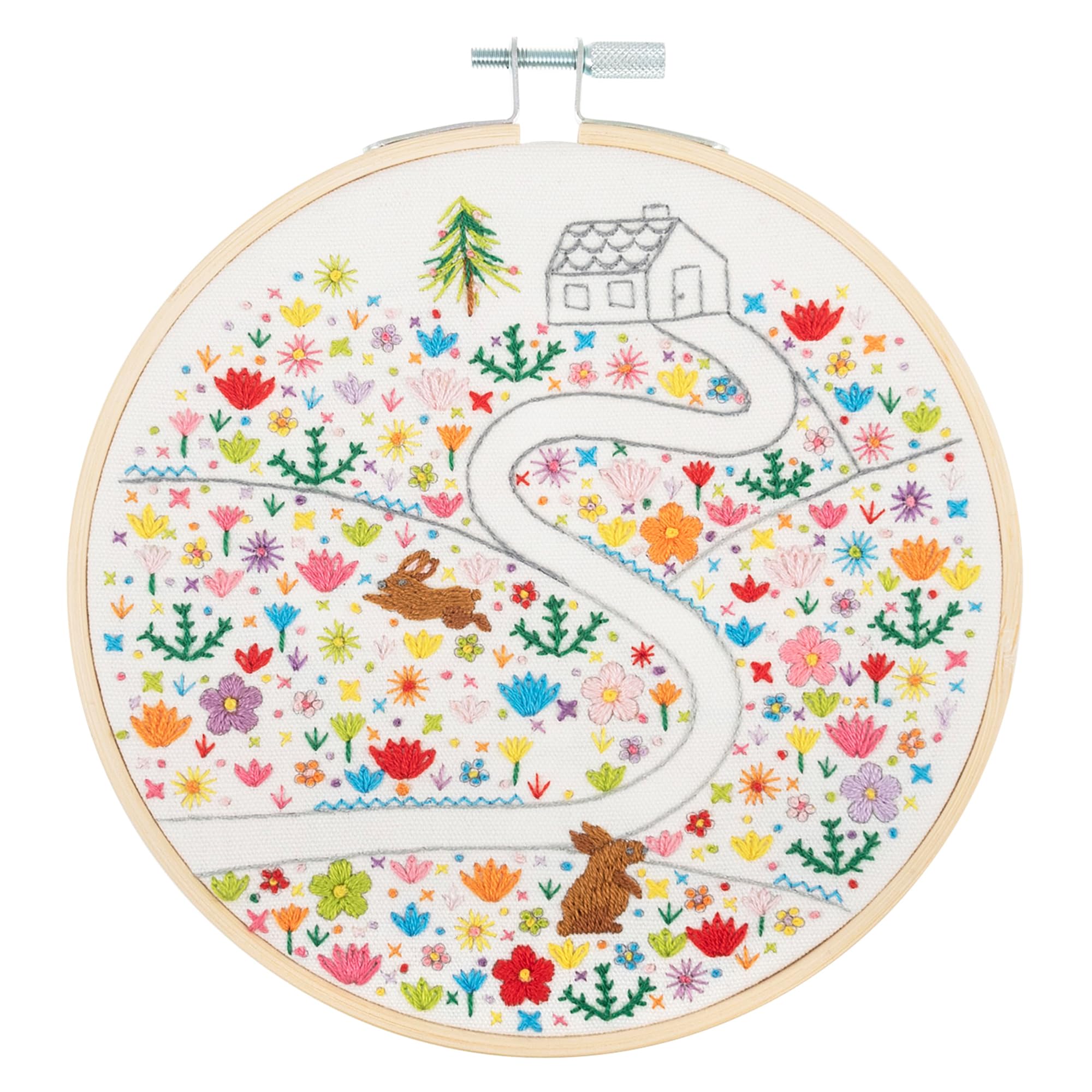 Trimits Embroidery Kit with Hoop - Floral Journey Design on Pre-Printed Cotton Fabric (25 x 25cm) with Felt Backing, Thread, Needle and Instructions - Uses a Mixture of Popular Embroidery Stitches.