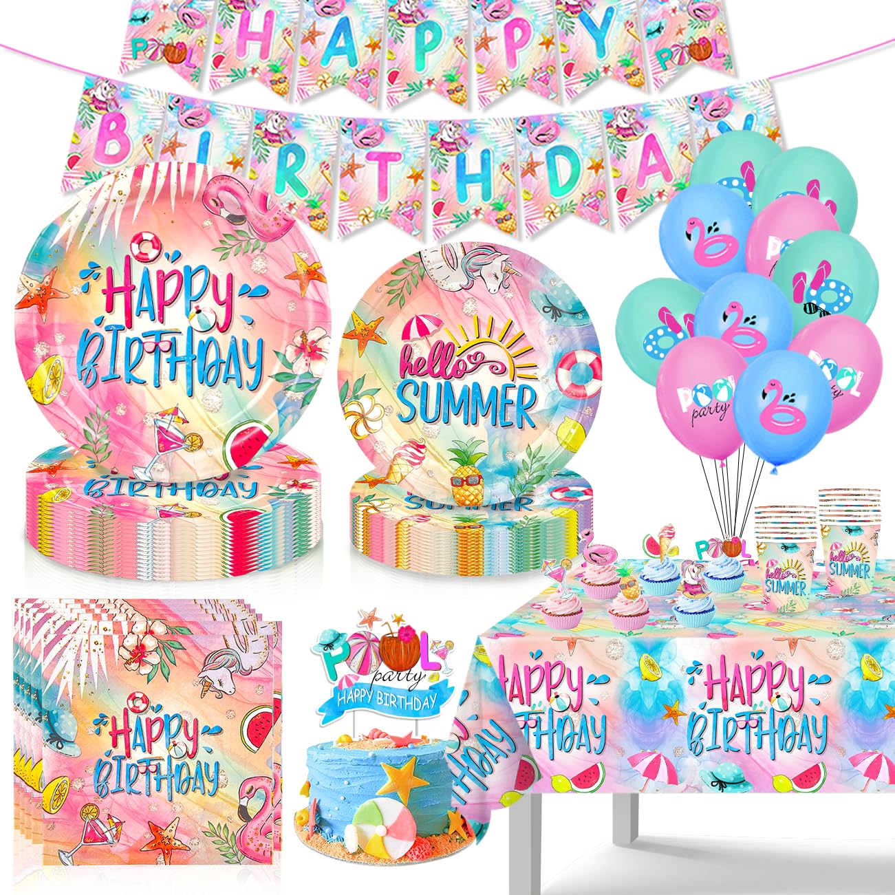 Summer Pool Birthday Party Decorations, Summer Themed Birthday Plates, Napkin, Cups Banner, Balloons and Cake Topper for Swimming Pool Party