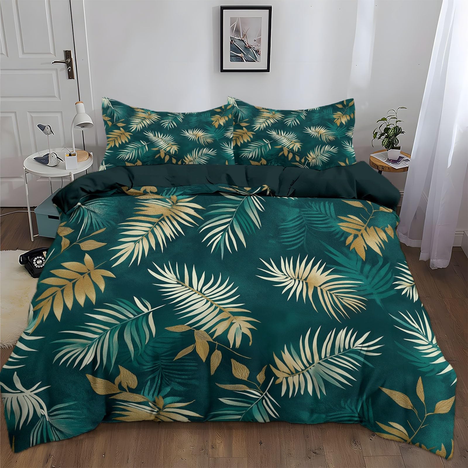 Housse de couette 180x200 anti-plis en microfibre respirant pour parure de lit vert jungle