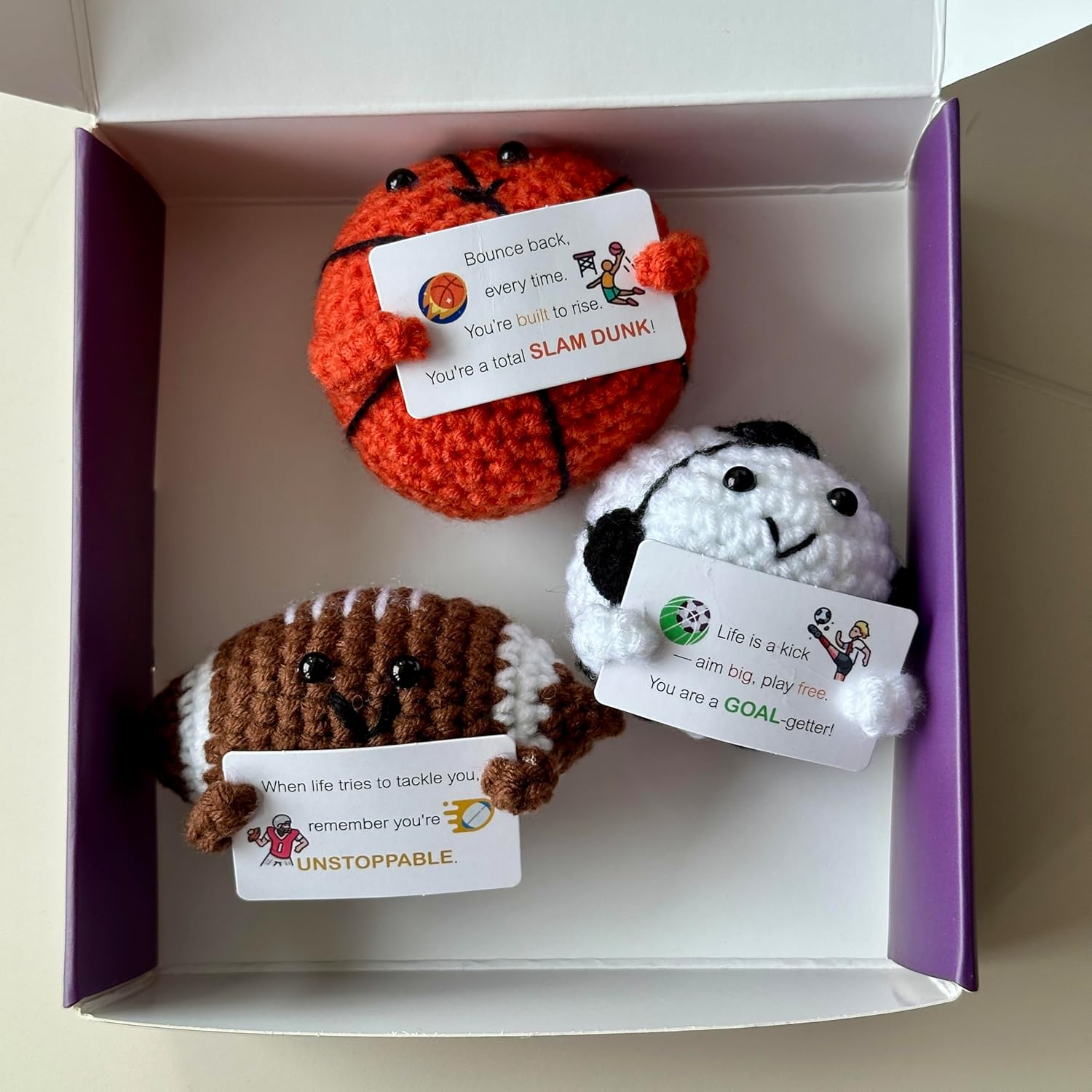 3-PCS | Sports Mania Crochet Set | Basketball Football Rugby Positive Plush | Handmade Emotional Stuffed Toys with Wooden Stand & Inspirational Cards | Mental Health Decor Gift for Fan Teens Adults