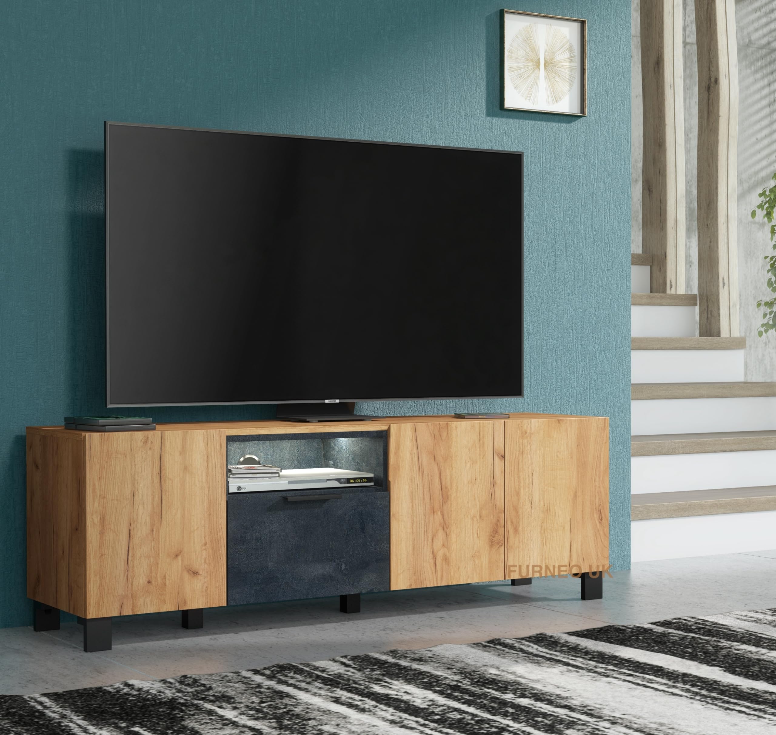 Furneo Enzo 04 TV Stand, 150cm Unit Cabinet, Oak and Black Concrete Effect, with White LED Lights