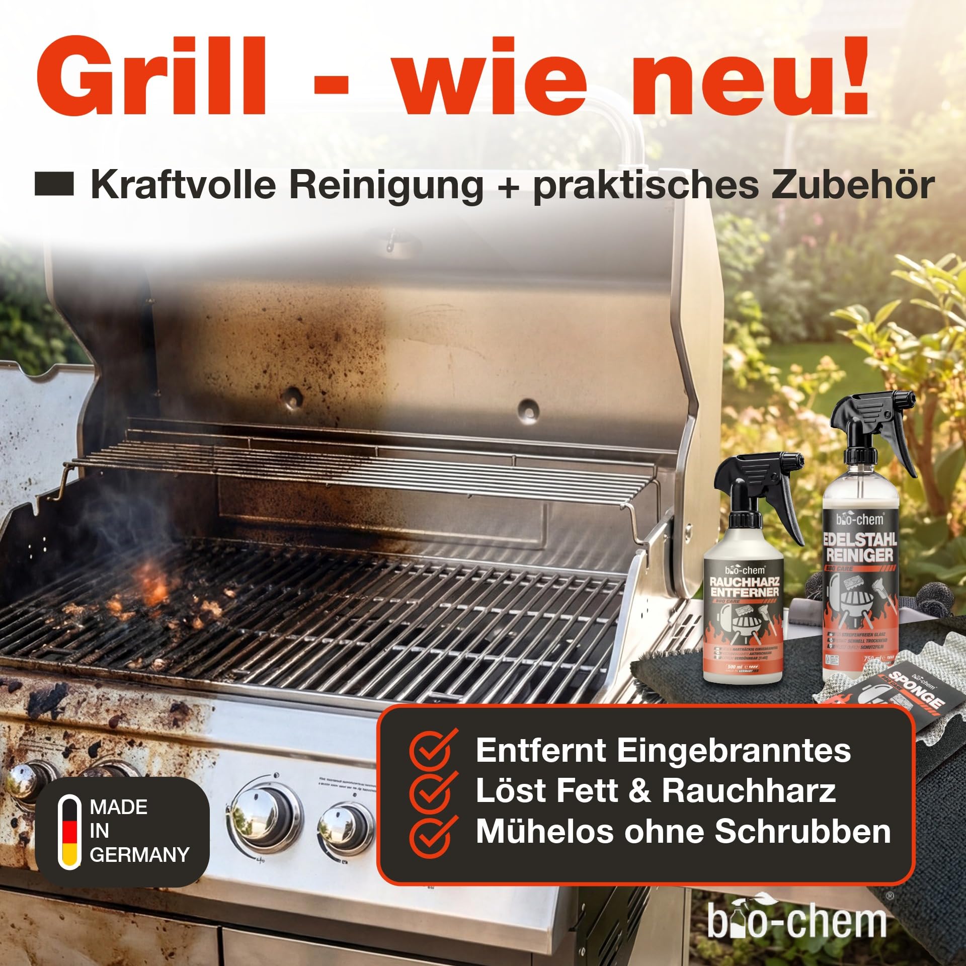 Bio-Chem Grillreiniger Set 4-teilig für Gasgrill & Edelstahl mit Rauchharzentferner
