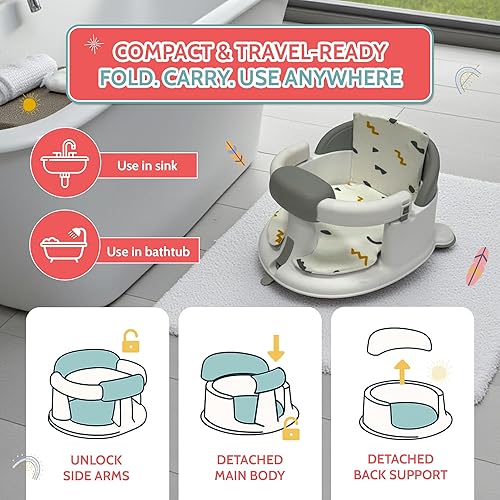 Miniatura 5 de Asientos de baño antideslizantes para bebés de 6 a 12 meses, silla de bañera para niños pequeños con copa lavable, cepillo para tapa y taza de