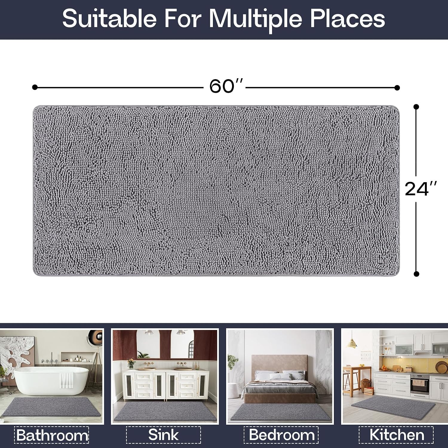  Luxury Bathroom Rug Shaggy Bath Mat 24 x 60 Inch, Gray thumbnail
