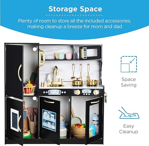 Miniatura 6 de Best Choice Products Juego de juguetes de madera para niños con diseño realista, teléfono, utensilios, horno, microondas, fregadero - negro
