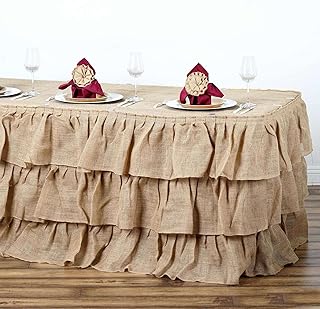 Efavormart 3 Tier Rustic Elegant Ruffled Burlap Table Skirt for Kitchen Dining Catering Wedding Party Decorations Events - 14 Ft