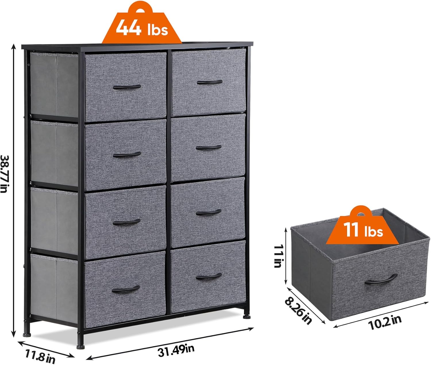 SUPER DEAL Dresser for Bedroom with 8 Drawers 38.7 inch Tall Chest of Drawers for Clothes, Storage Tower Organizer TV Stand with Removable Fabric Bins for Bedroom, Closet, Entryway, Living Room