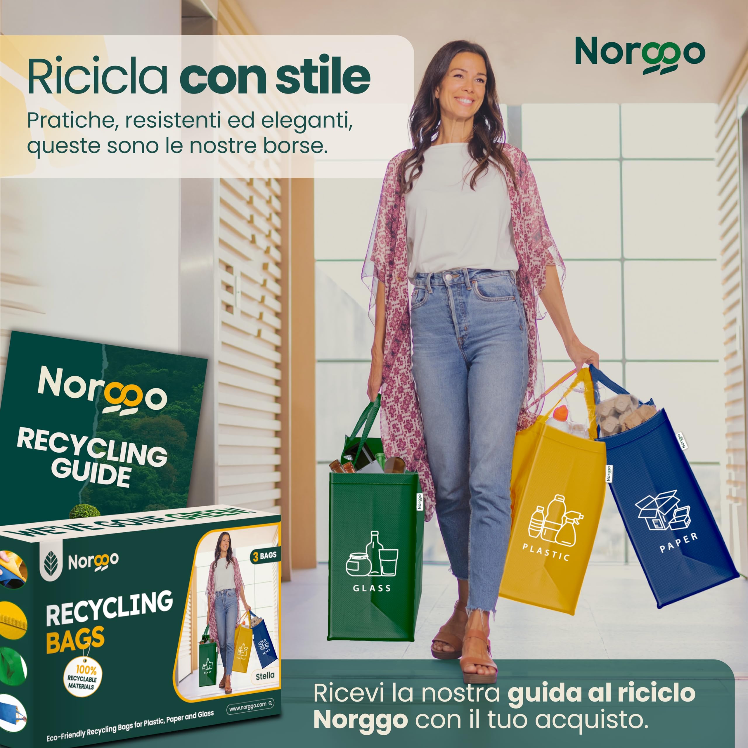 Borse per raccolta differenziata 40L – Set 3 buste raccolta differenziata per plastica, carta e vetro – Sacchi differenziata colorati con maniglia – Sacchetti e borse differenziata per casa