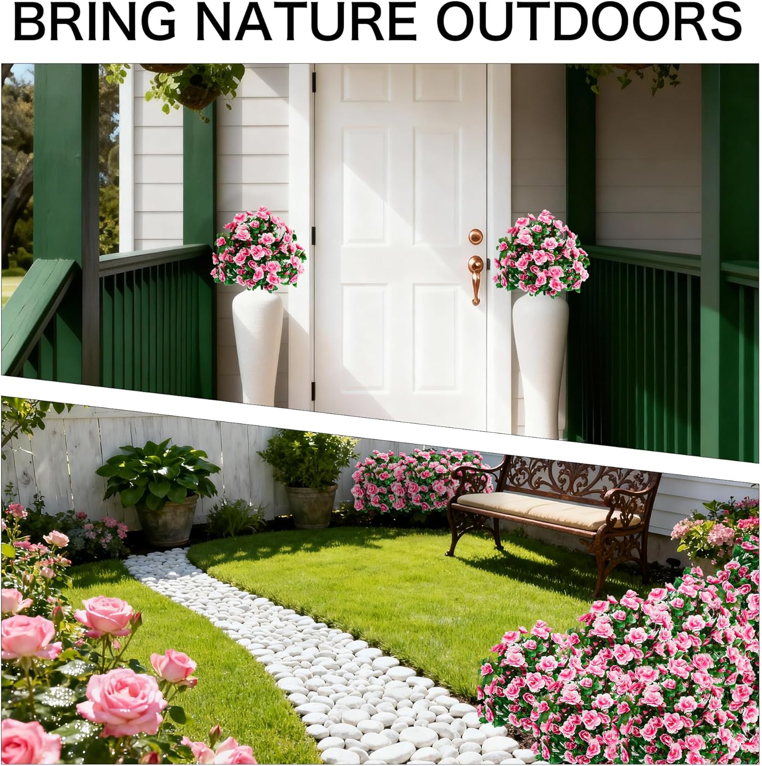 Artificial Flowers for Outdoors, Faux Outdoor Plants Fake Plants Topiary Balls Artificial Outdoor Set of 2 with Ground Spike for Home Front Porch Patio Garden Decor (Pink)